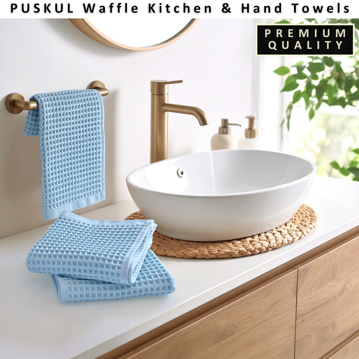 PÜSKÜL Organic Waffle Kitchen Towel Pure 100% Turkish Cotton Set of 3 Natural Raw-Undyed Towel - Premium Quality Soft Quick-Dry Absorbent Lint-Free Hand & Dish Towels Large 32X16 (3, Natural Beige)