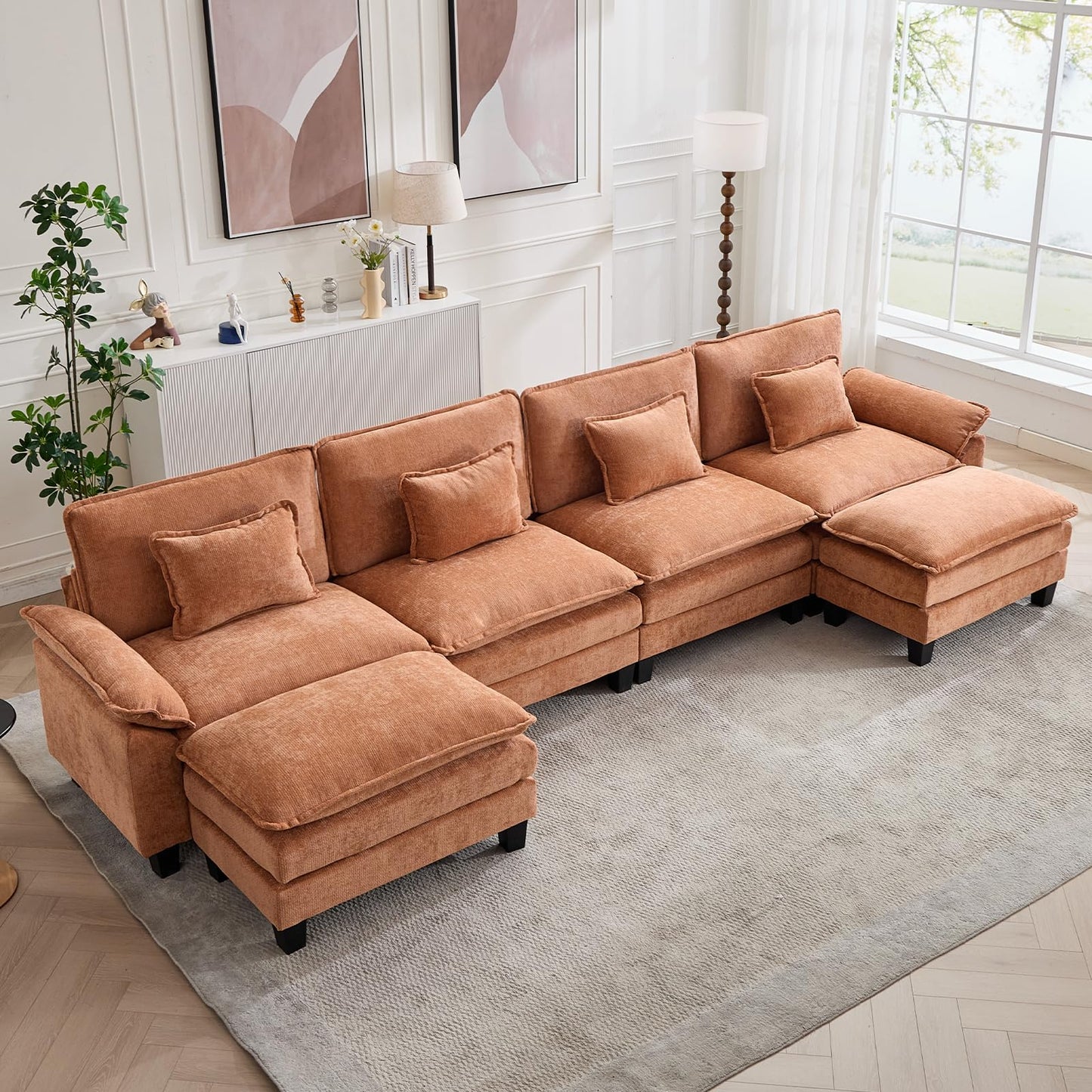 120" Modular Sectional Sofa, Comfy Cloud Couch Sectional Sofa with Ottoman, Chenille Sofa Sleeper Deep Seat Sofa with Throw Pillows for Living Room (Beige White, 120"- U Shape)