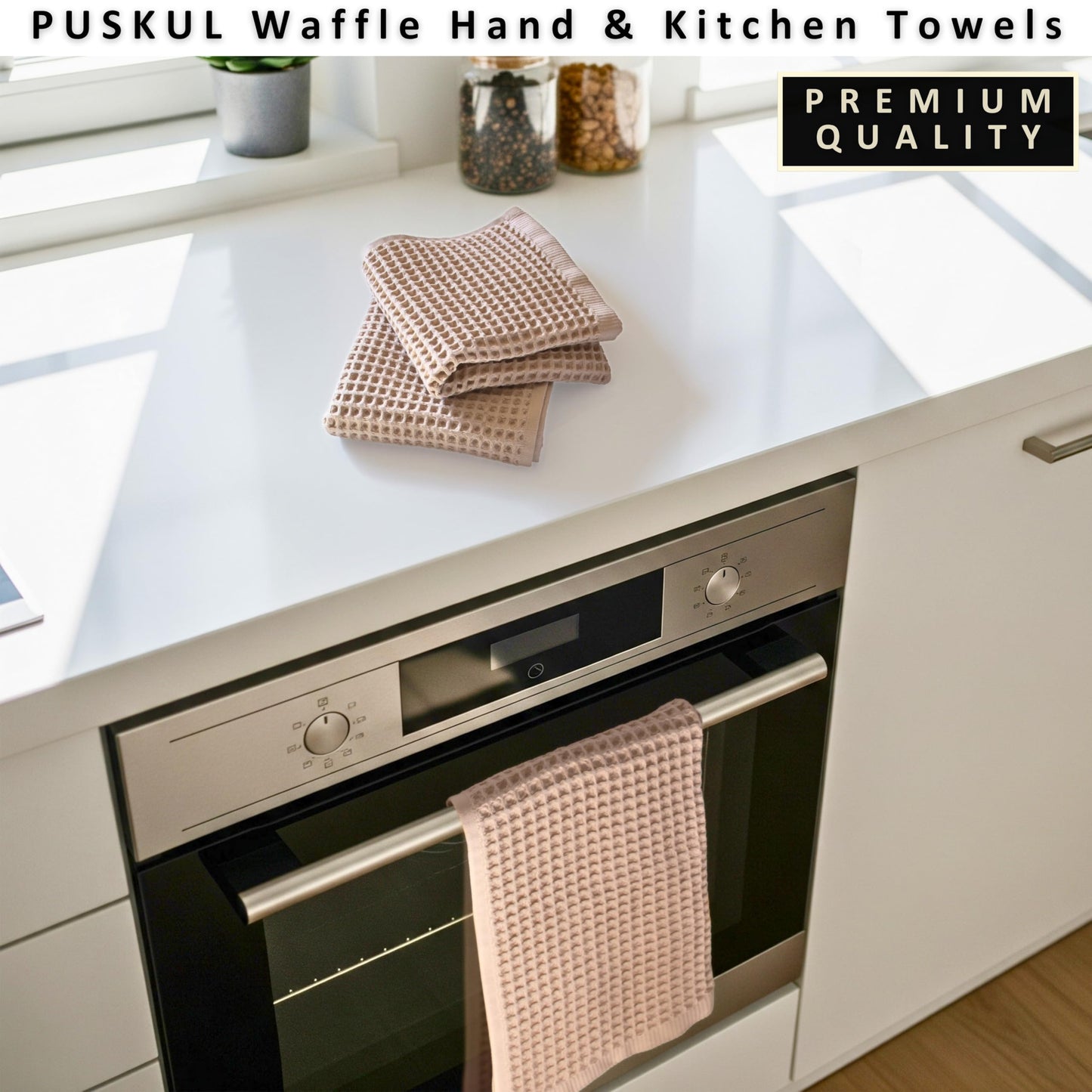 PÜSKÜL Organic Waffle Kitchen Towel Pure 100% Turkish Cotton Set of 3 Natural Raw-Undyed Towel - Premium Quality Soft Quick-Dry Absorbent Lint-Free Hand & Dish Towels Large 32X16 (3, Natural Beige)