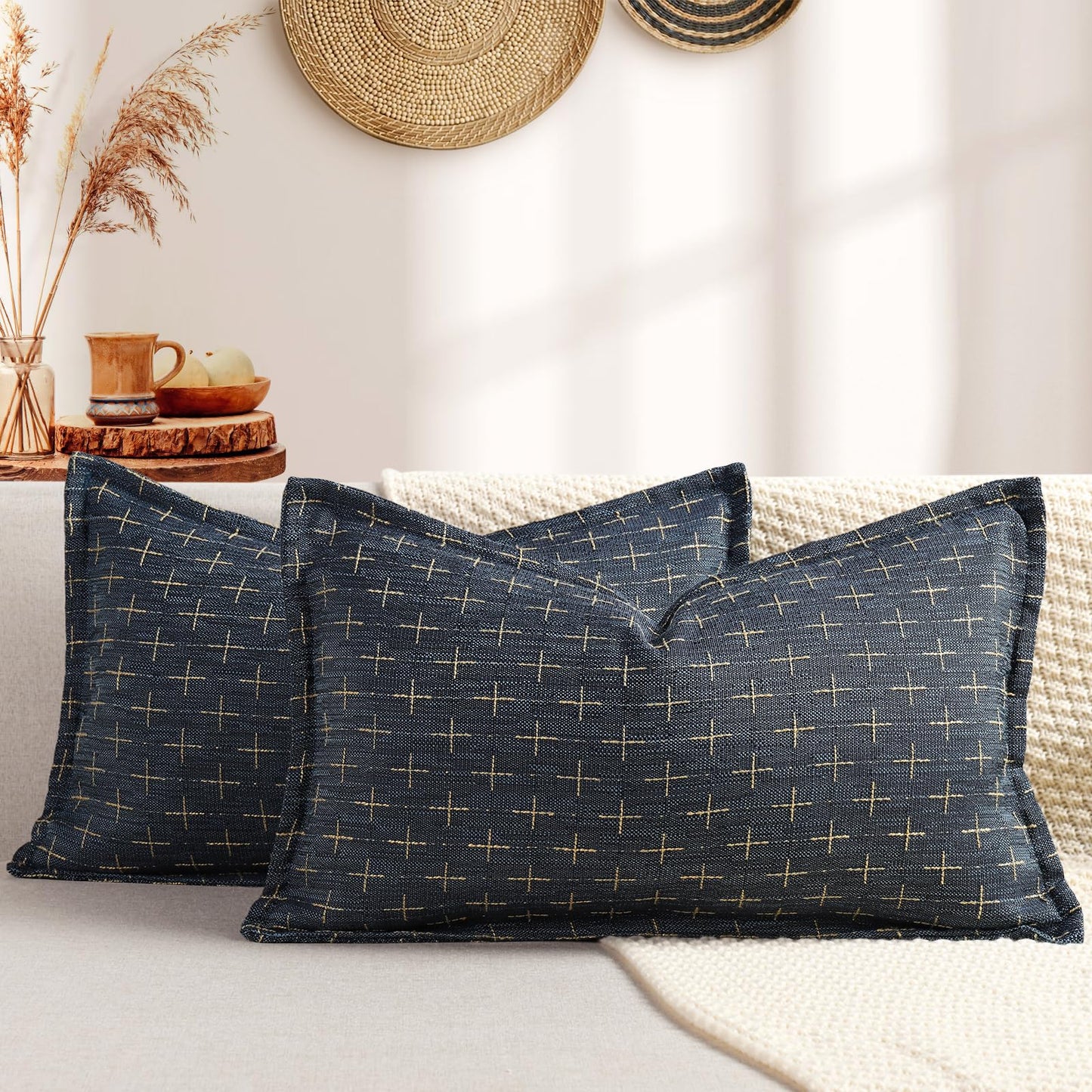 ZWJD Pillow Covers 18x18 Set of 2 Soft Polyester Textured Pillow Covers with Stylish Flange Edge Cozy Farmhouse Throw Pillows for Couch Bed Sofa Living Room