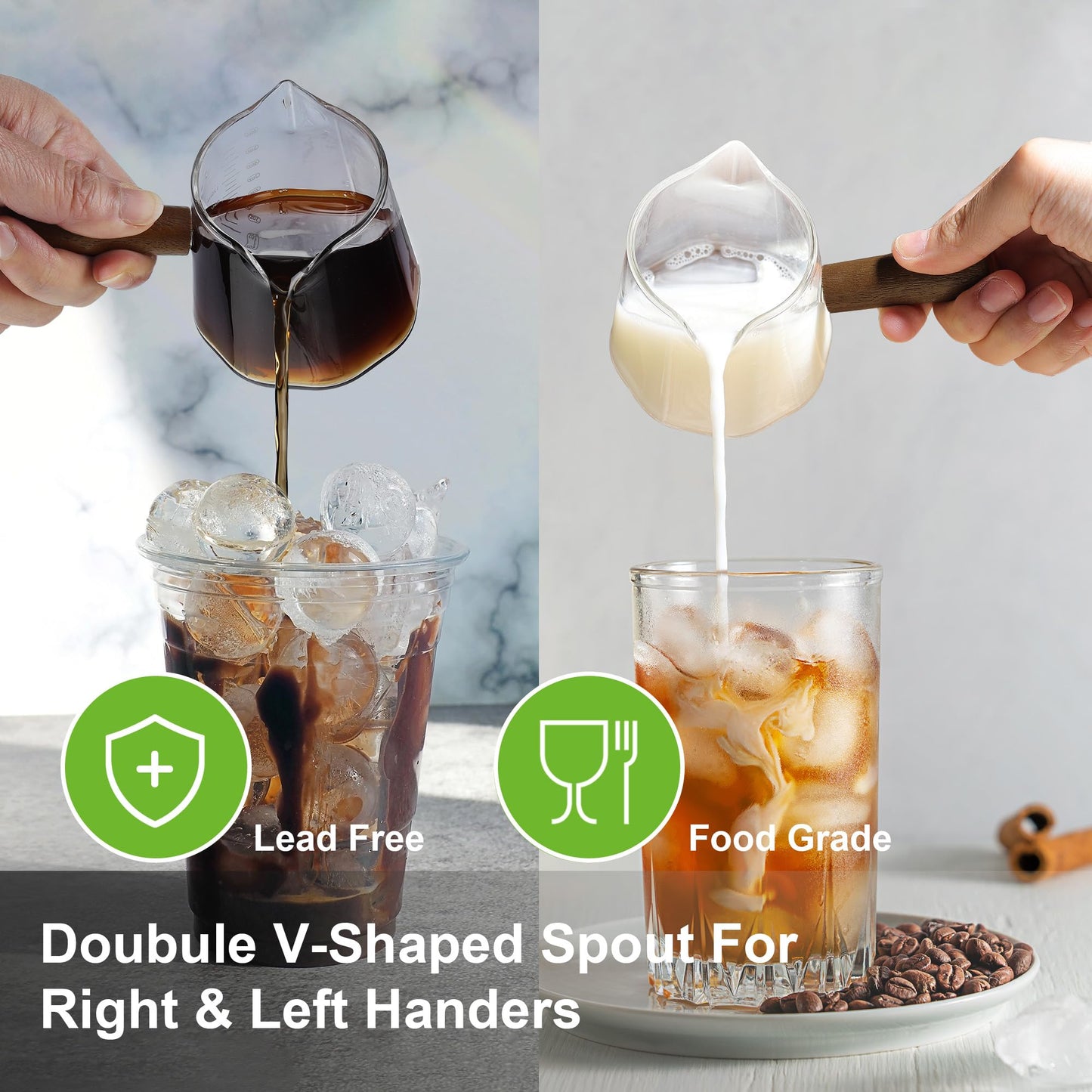 Joeyan 6 oz Glass Measuring Cups with Spout,Borosilicate Glass Triple Pitcher with Scale,Origami Style Espresso Shot Glasses with Wood Handle for Coffee Milk,Dishwasher Safe