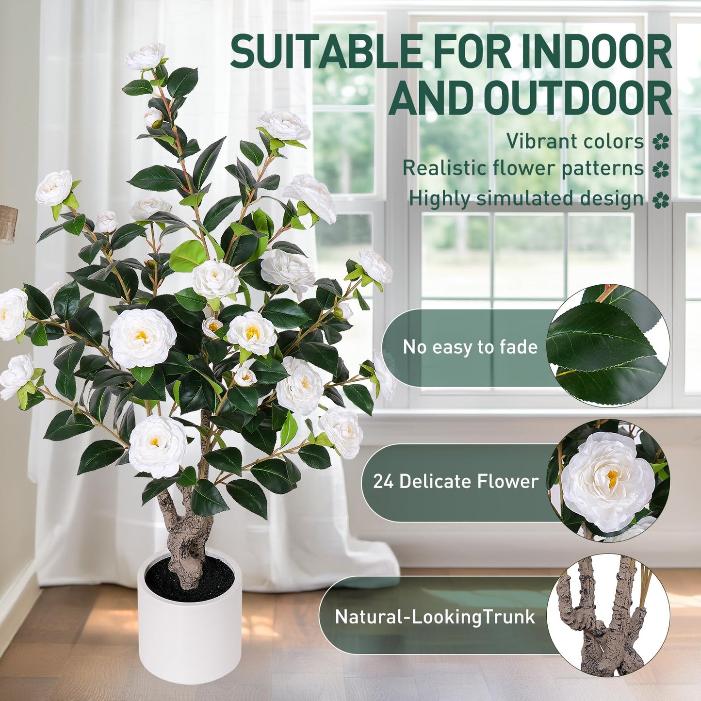 Yepdin 63 inch Artificial Camellia Tree with White Flower Pots - White Fake Tree,5 Ft Faux Plants Indoor wich Blooming,Artificial Plants for Indoor & Outdoor Home Front Door Decor