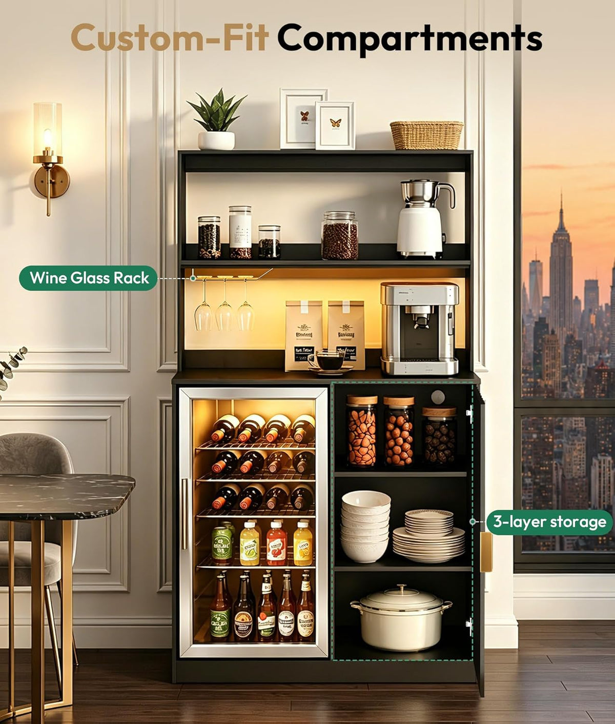 Mini Fridge Cabinet with Hutch and Wine Glass Rack