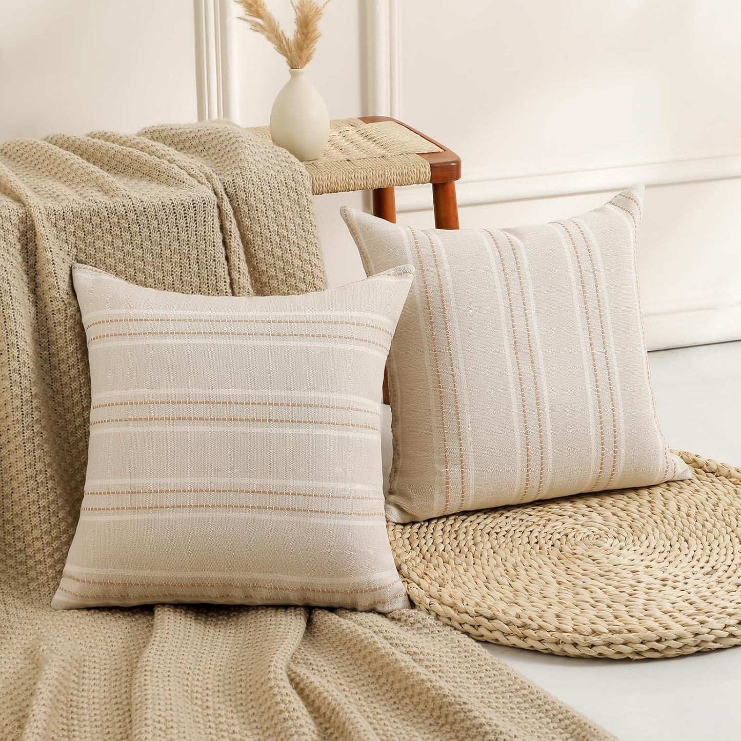 Hckot Hand Made Throw Pillow Covers 20x20 Set of 2 Striped Pillow Covers Linen Decorative Pillows Square Cushion Covers for Sofa Couch Bed Living Room Farmhouse Decor, Khaki