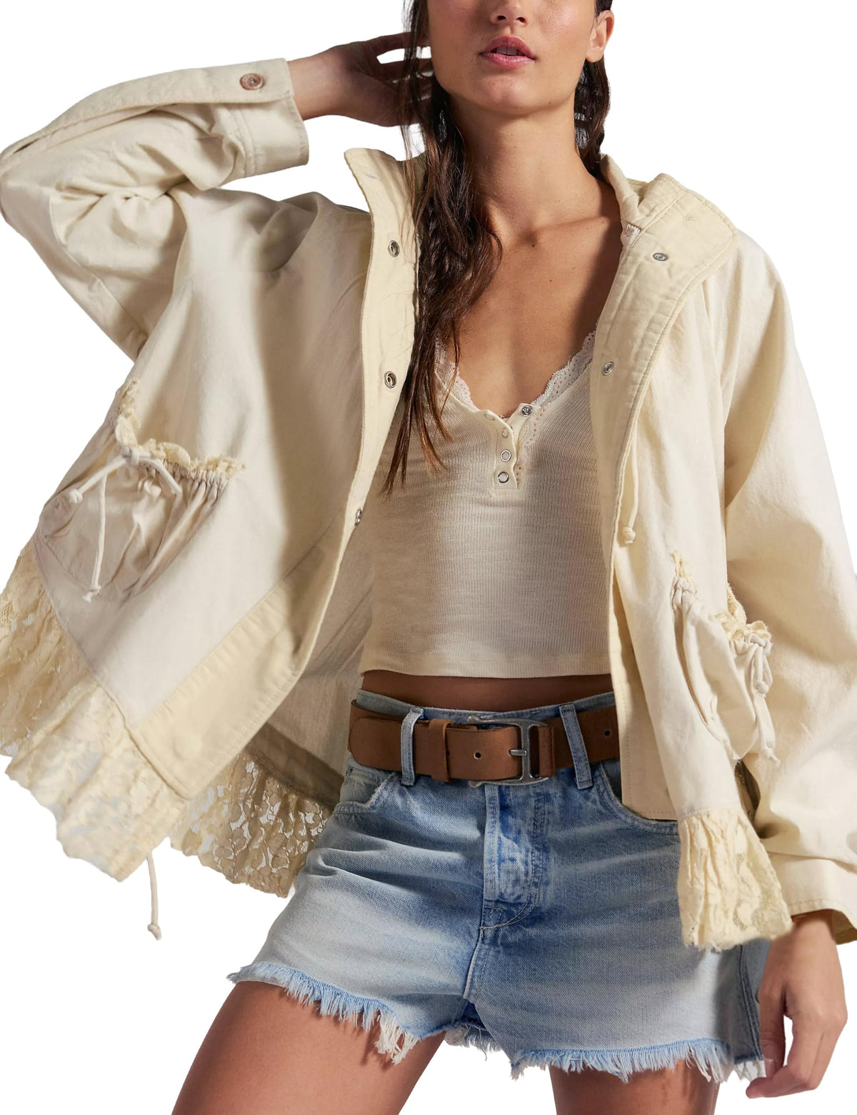 Womens Lace Trim Utility Jacket Lightweight Funnel Neck Casual Coat