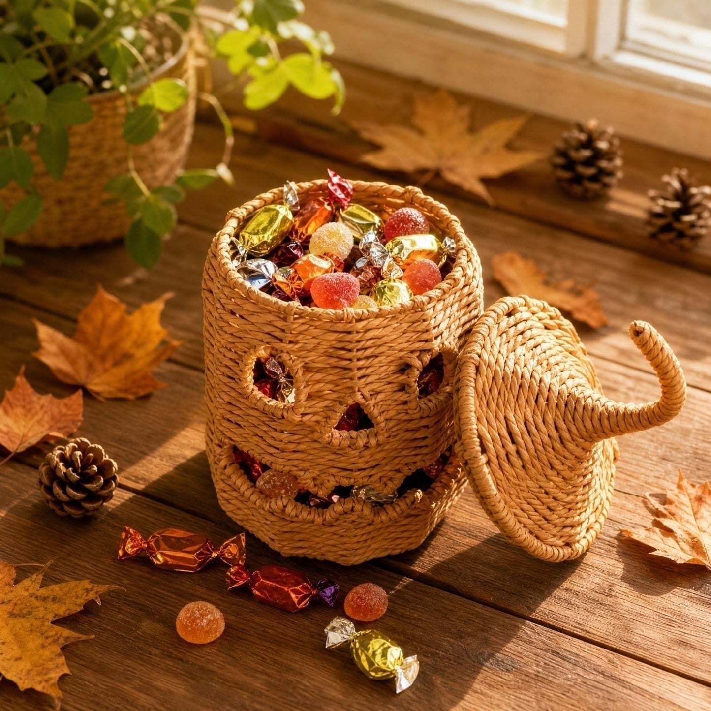 Rattan Lantern Pumpkin Candle Holder with Witch Hat Shape Lid