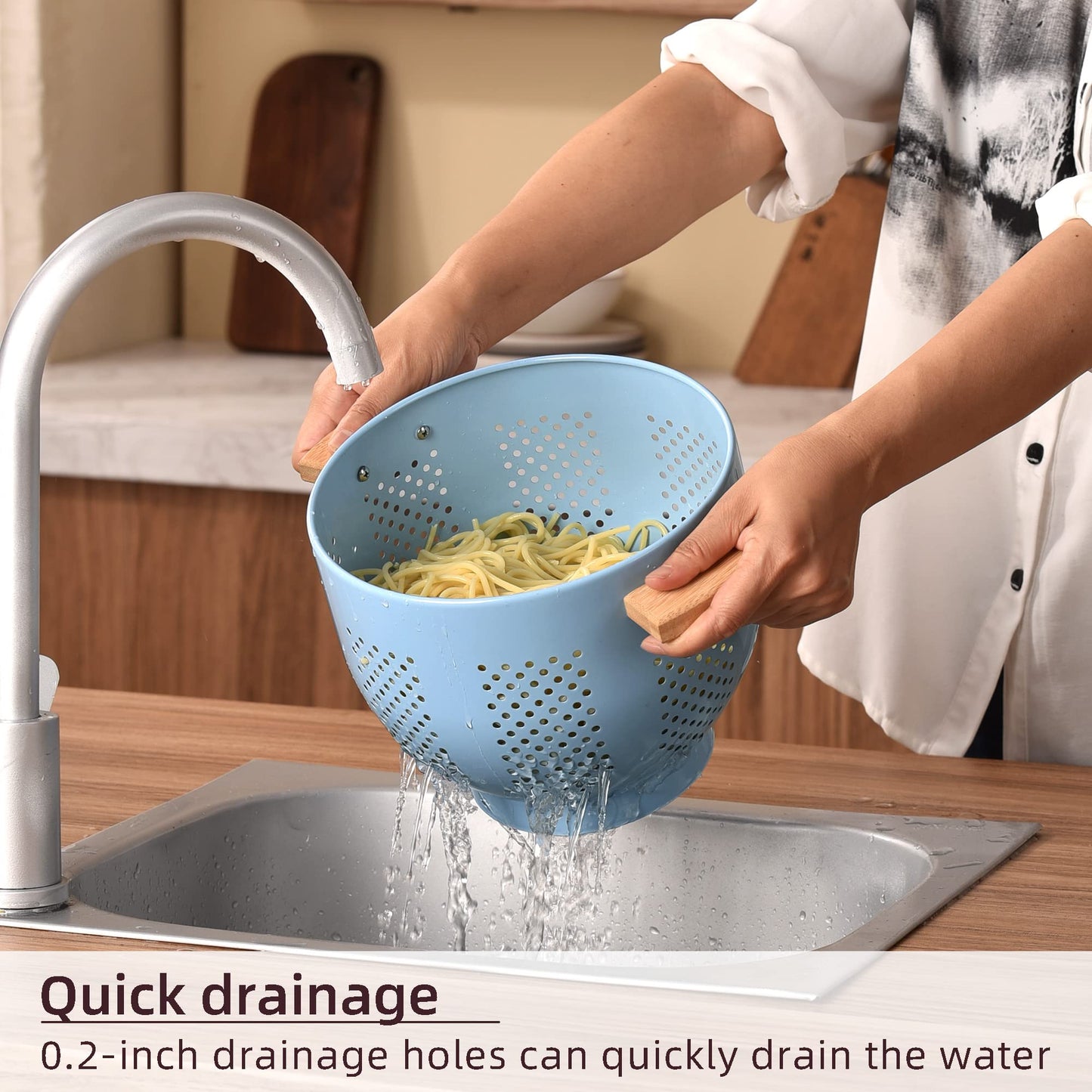 Metal Colander with Wood Handle and Stable Base, Powder Coated Steel Kitchen Strainer Basket for Draining Pasta, Vegetable and fruit(7quart,Sandyellow)