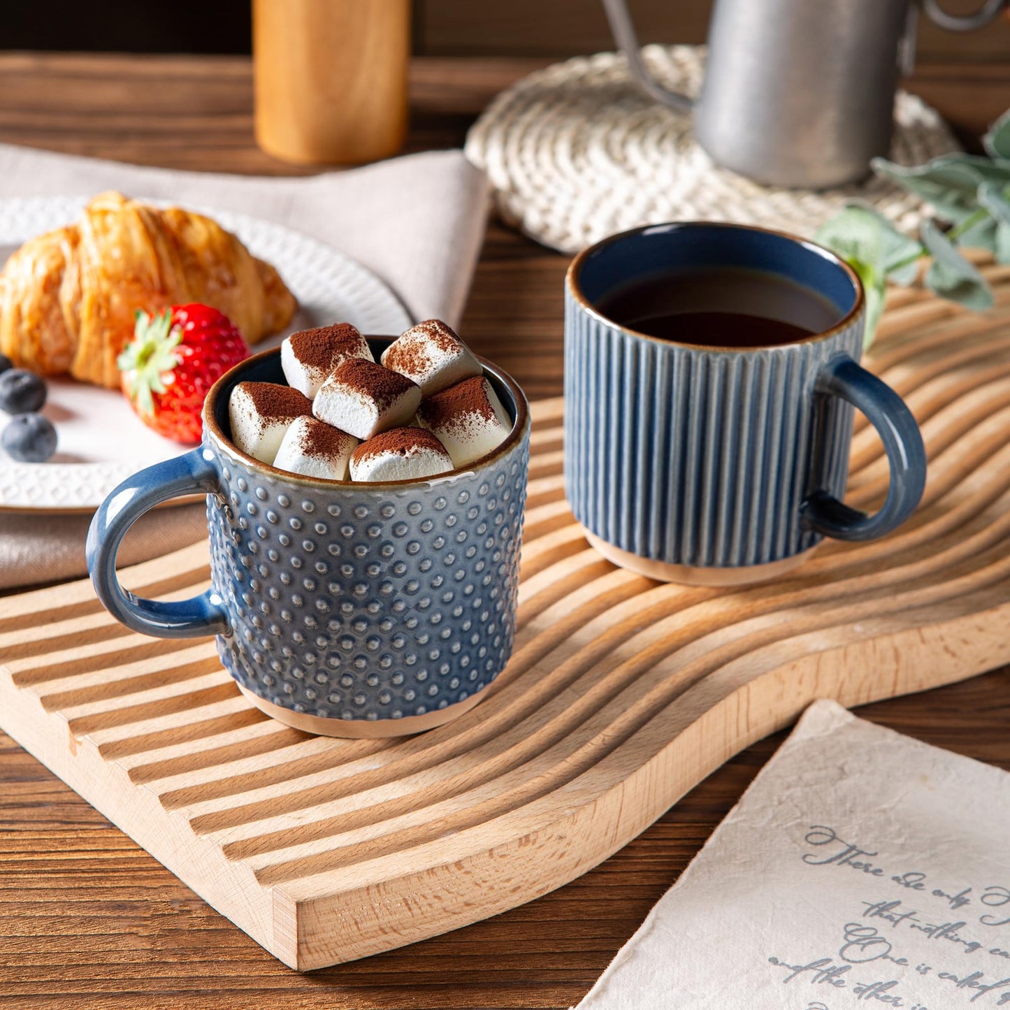 GBhome 12OZ Stackable Coffee Mugs, Ceramic Coffee Mugs with Texture Patterns for Man,Woman,Dad,Mom, Modern Coffee Mugs Set of 4 for Latte/Cappuccino/Cocoa. Dishwasher&Microwave Safe, Pale Khaki
