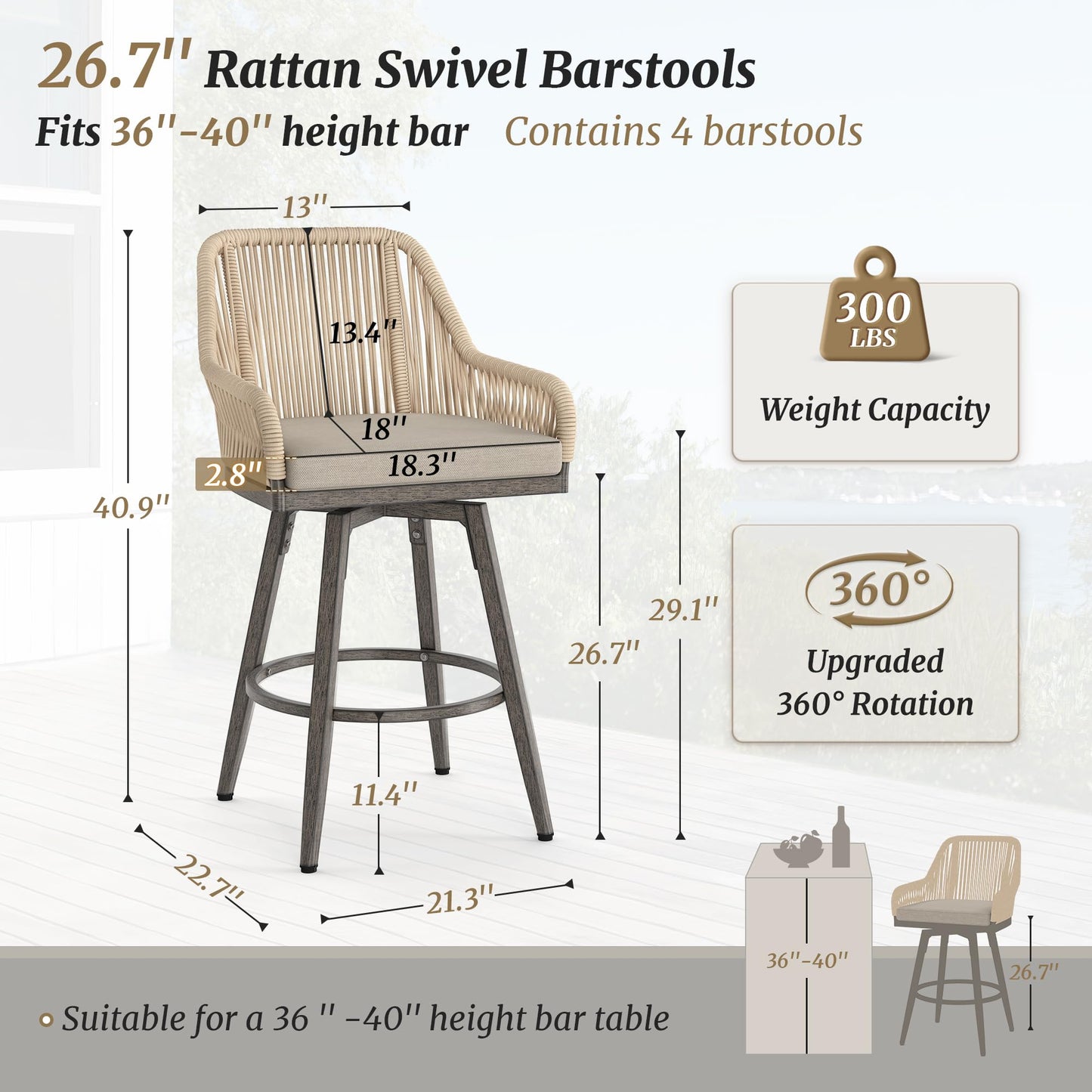 Swivel Outdoor Bar Stools Set of 4, with Armrest