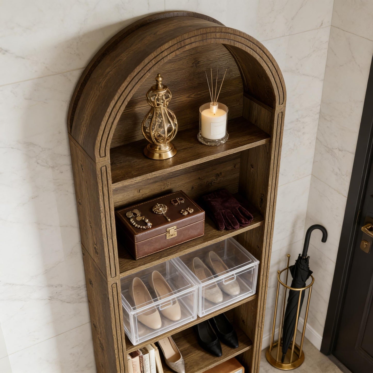 Arched 8 Tier Tall Bookshelf with Wood Back Panel