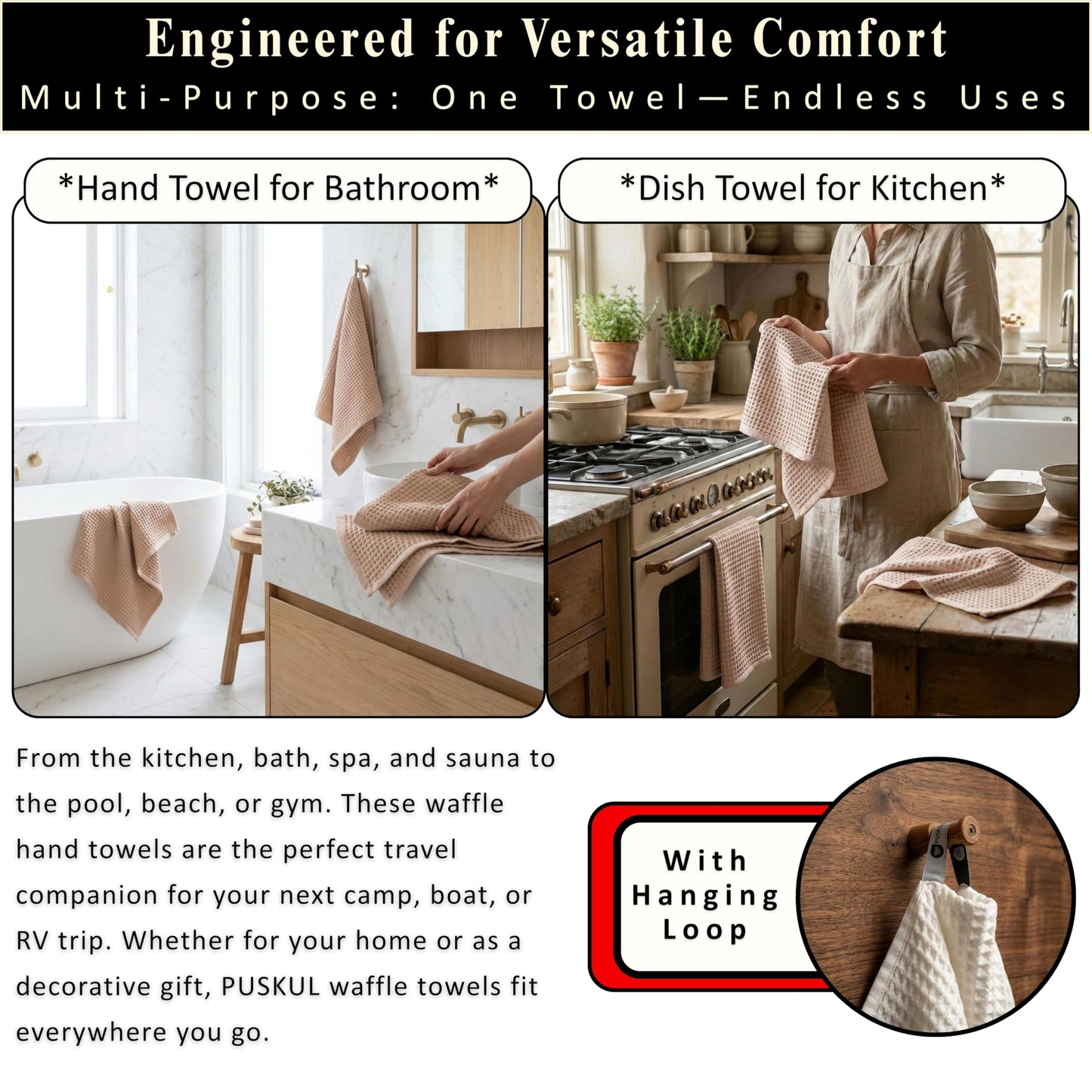 PÜSKÜL Organic Waffle Kitchen Towel Pure 100% Turkish Cotton Set of 3 Natural Raw-Undyed Towel - Premium Quality Soft Quick-Dry Absorbent Lint-Free Hand & Dish Towels Large 32X16 (3, Natural Beige)