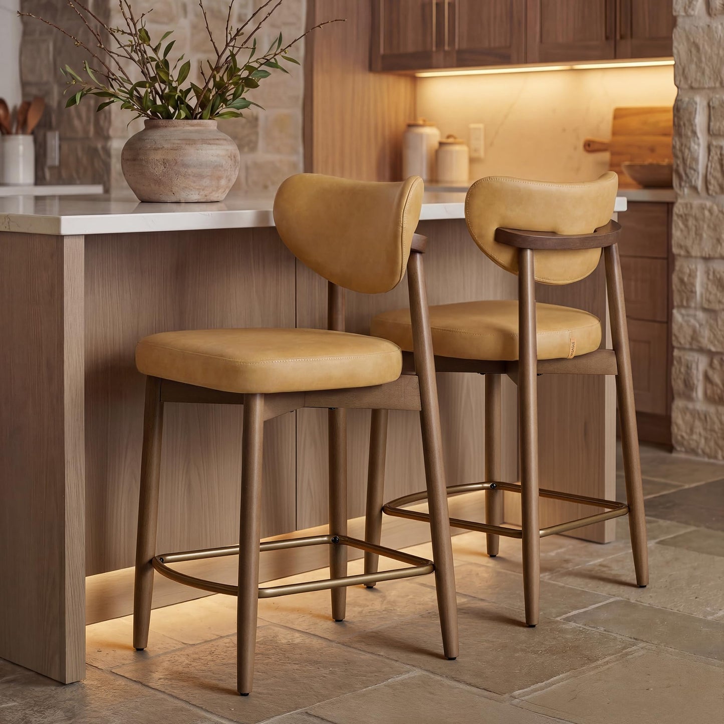 VASAGLE Wooden Bar Stools Set of 2, Upholstered Counter Height Barstools with Solid Wood Legs, Ergonomic Backrest, Mid Century Modern, for Kitchen Island, Linen-Look Fabric, Cappuccino Beige
