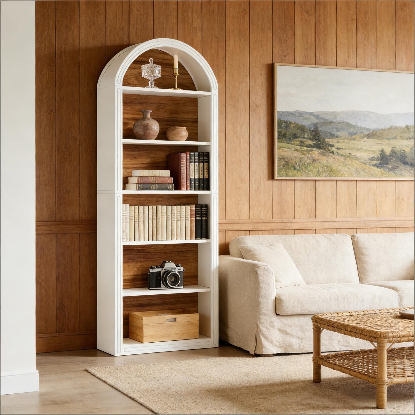 Arched 8 Tier Tall Bookshelf with Wood Back Panel