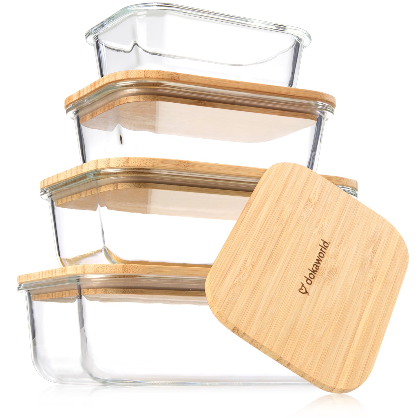 Glass Container Set with Acacia Lids - 4 Stackable Meal Prep Containers. Durable heat resistant Inert Borosilicate Glass