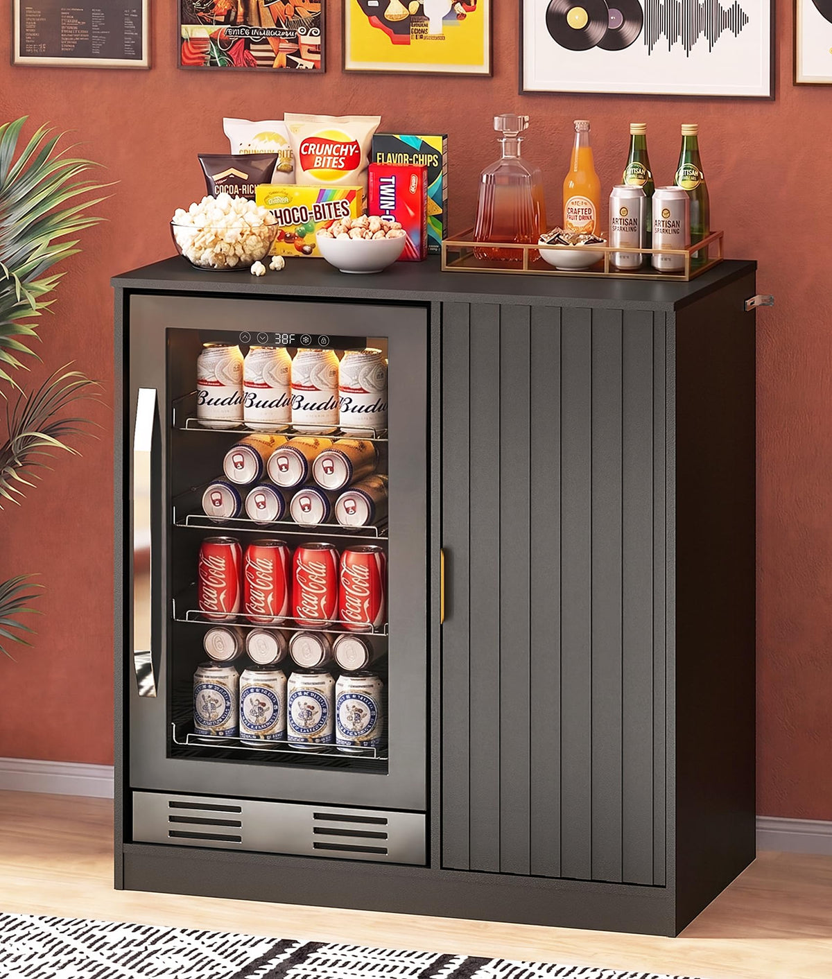 Mini Fridge Cabinet with Hutch and Wine Glass Rack