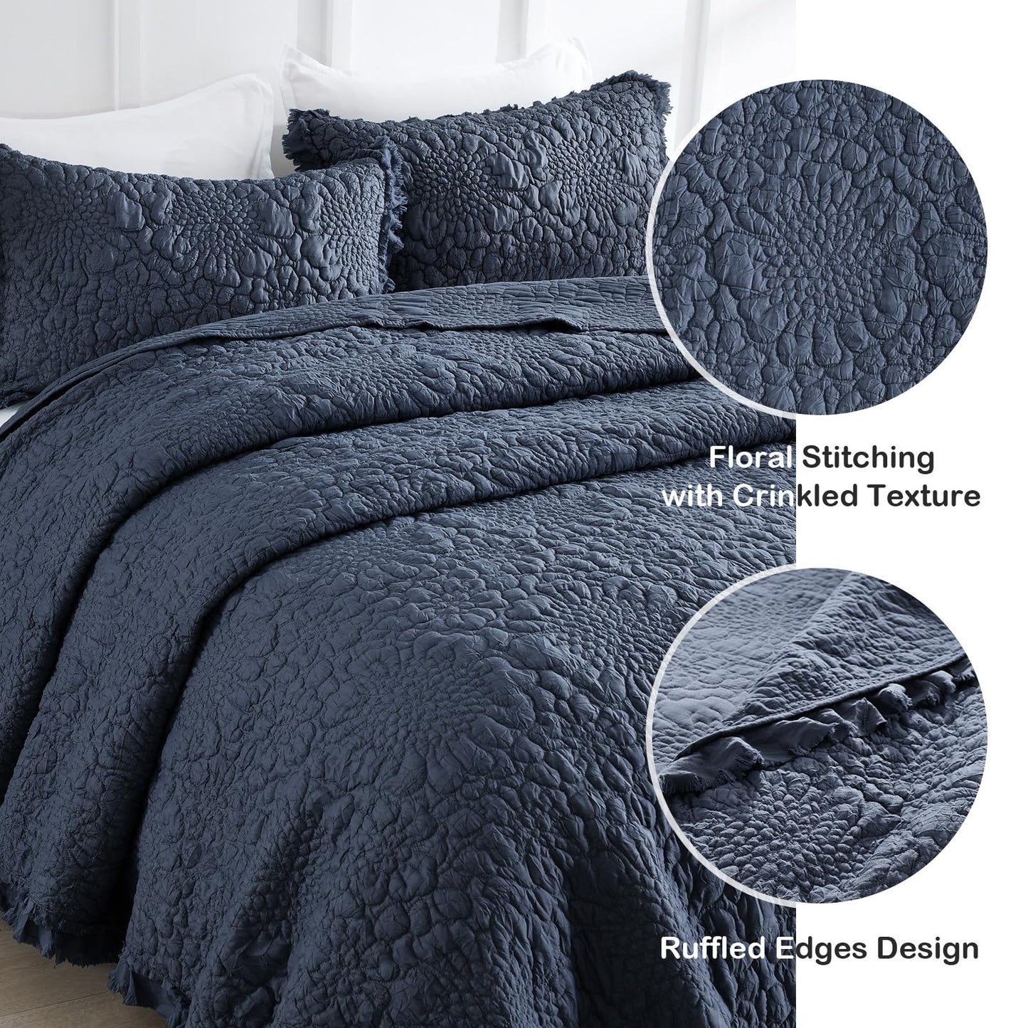 Ruffled Quilt Stone-Washed Lightweight Crinkled Shabby Chic Bedding Set