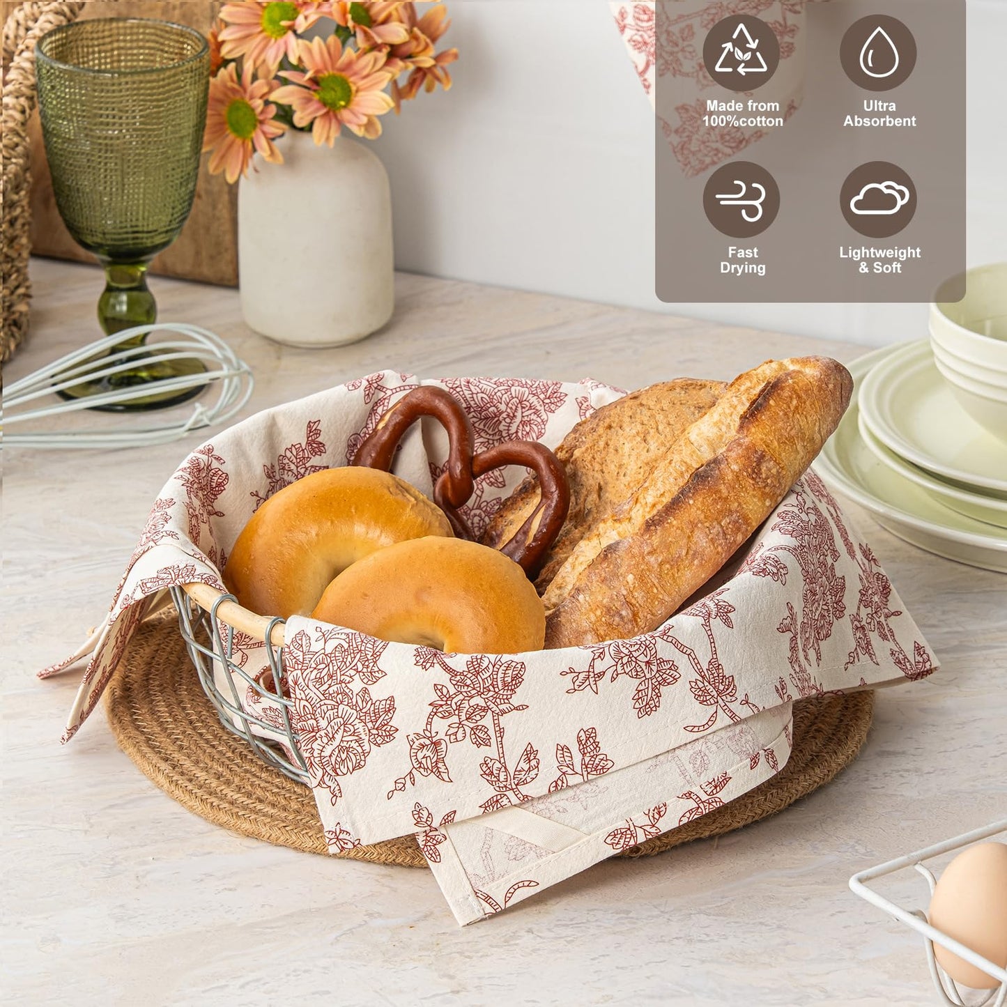 100% Cotton French Pastoral Kitchen Towels Set of 2, Decorative Flour Sack Tea Towels with Hanging Loop 18x25 Inch Absorbent Dish Cloths Farmhouse Home Decor, Brown