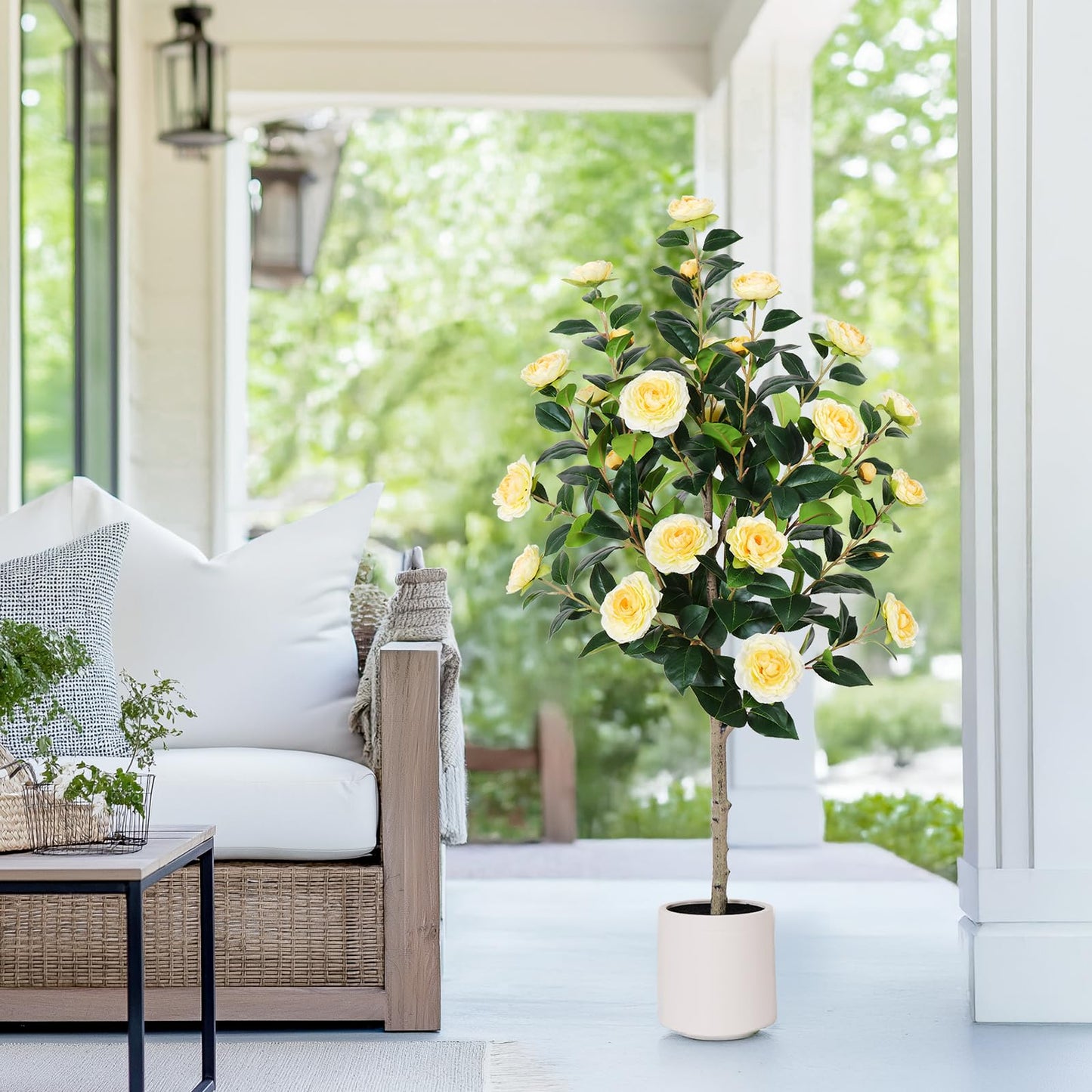Yepdin 63 inch Artificial Camellia Tree with White Flower Pots - White Fake Tree,5 Ft Faux Plants Indoor wich Blooming,Artificial Plants for Indoor & Outdoor Home Front Door Decor