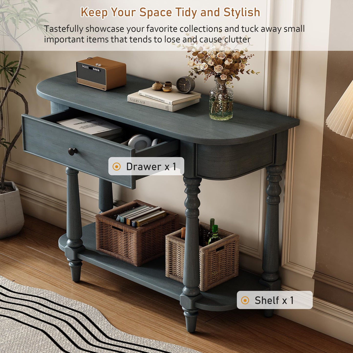 36-Inch Retro Console Sofa Table with Drawer & Storage Shelf