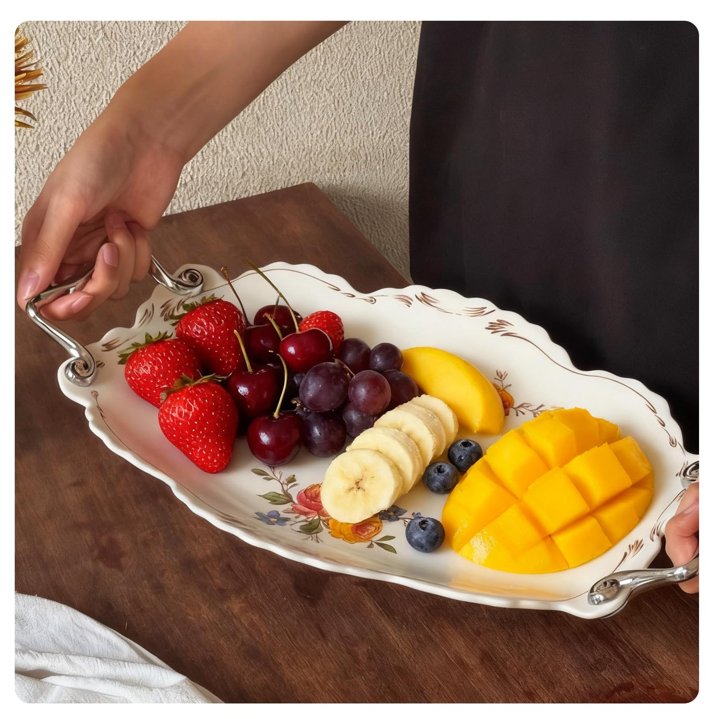 9″ Ceramic Pedestal Fruit Bowl with Removable Wooden Stand, Decorative Floral Serving Bowl for Kitchen Counter, Fruit, Desserts, Vegetables & Home Decor