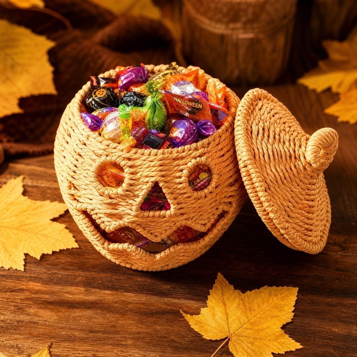 Rattan Lantern Pumpkin Candle Holder with Witch Hat Shape Lid