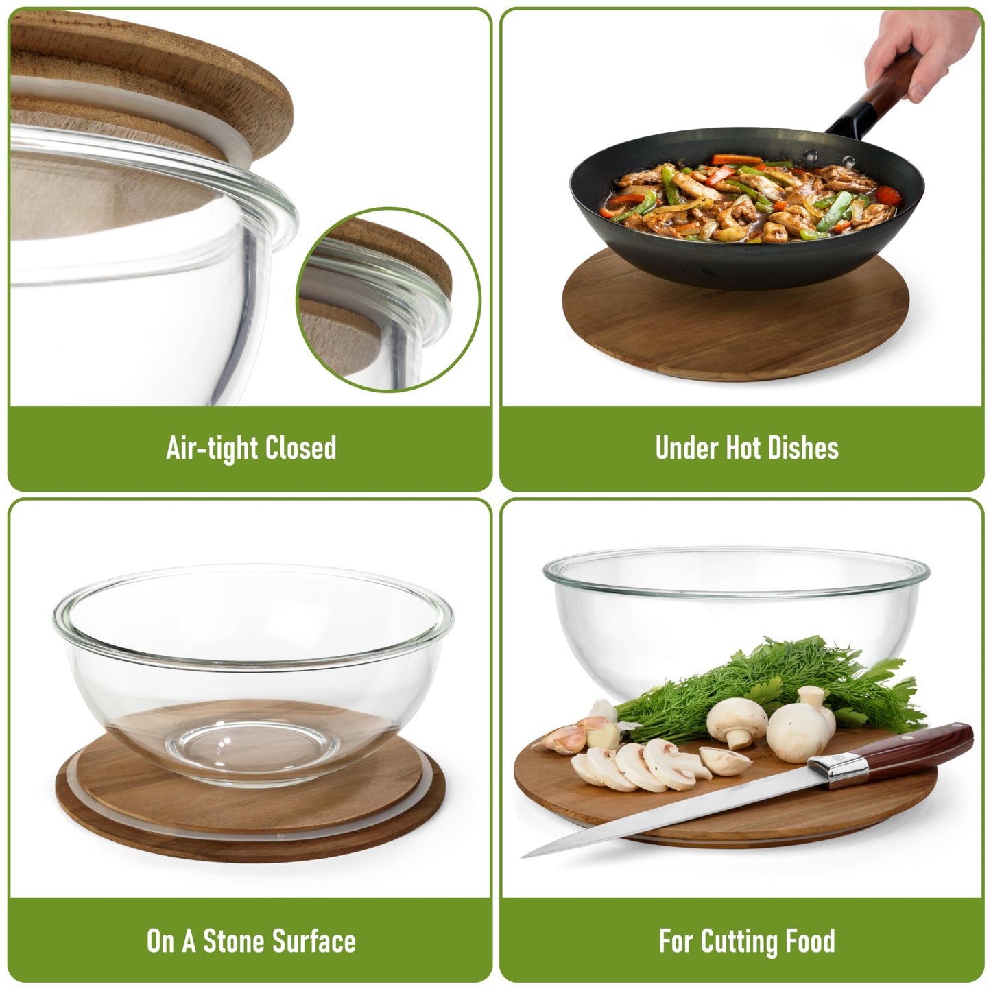 Glass Container Set with Acacia Lids - 4 Stackable Meal Prep Containers. Durable heat resistant Inert Borosilicate Glass