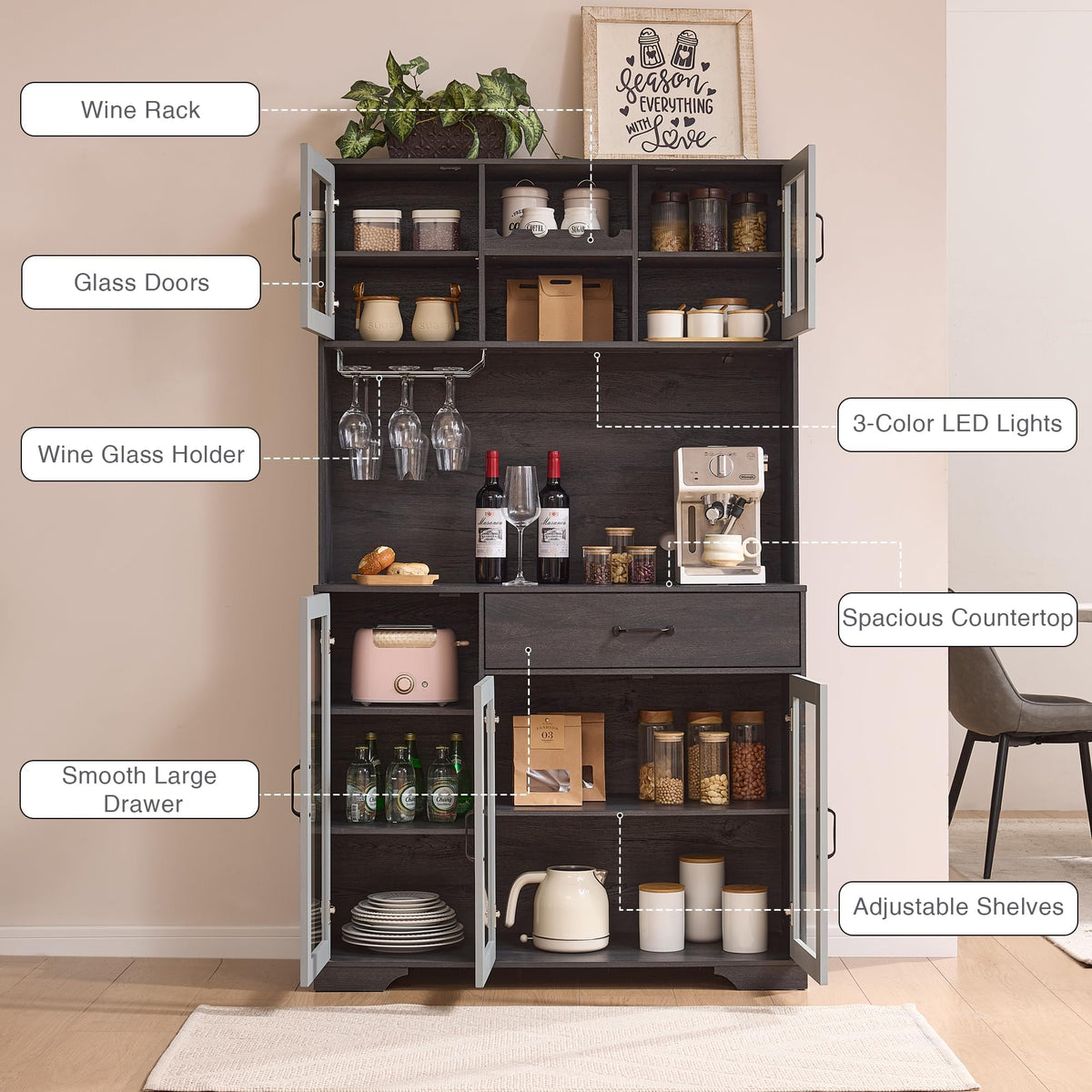 71" Cabinet with Wine Rack and Charging Station, Set of 2