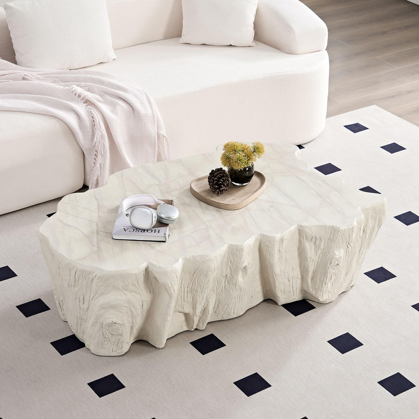 WILLIAMSPACE 43.31" Rectangle Coffee Table with Burl Wood Veneer & Sturdy Base, Modern Luxury Wood Drum Center Table End Table Accent Side Table for Living Room, Minimalist Fluted Design, Oak