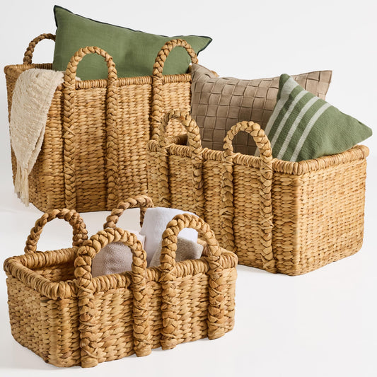 3Pc Chunky Woven Wicker Rattan Storage Baskets w/Braided Handles