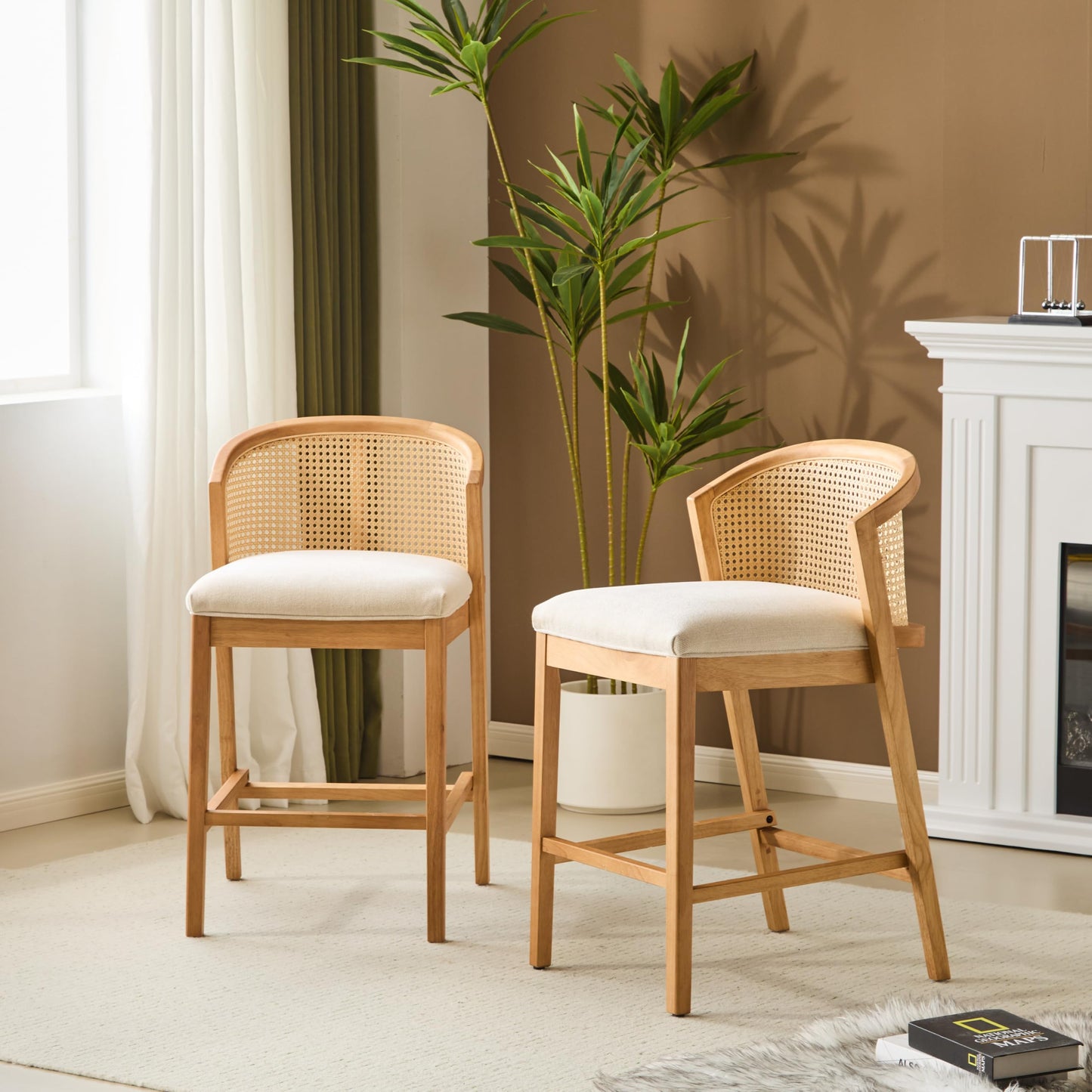 Christopher Knight Home JENA Rattan Counter Stools Set of 2, Counter Height Bar Stools for Bar Table, Rubberwood Frame with Upholstered Barstools, Wood Accent Chair with Footrest, Beige + Walnut