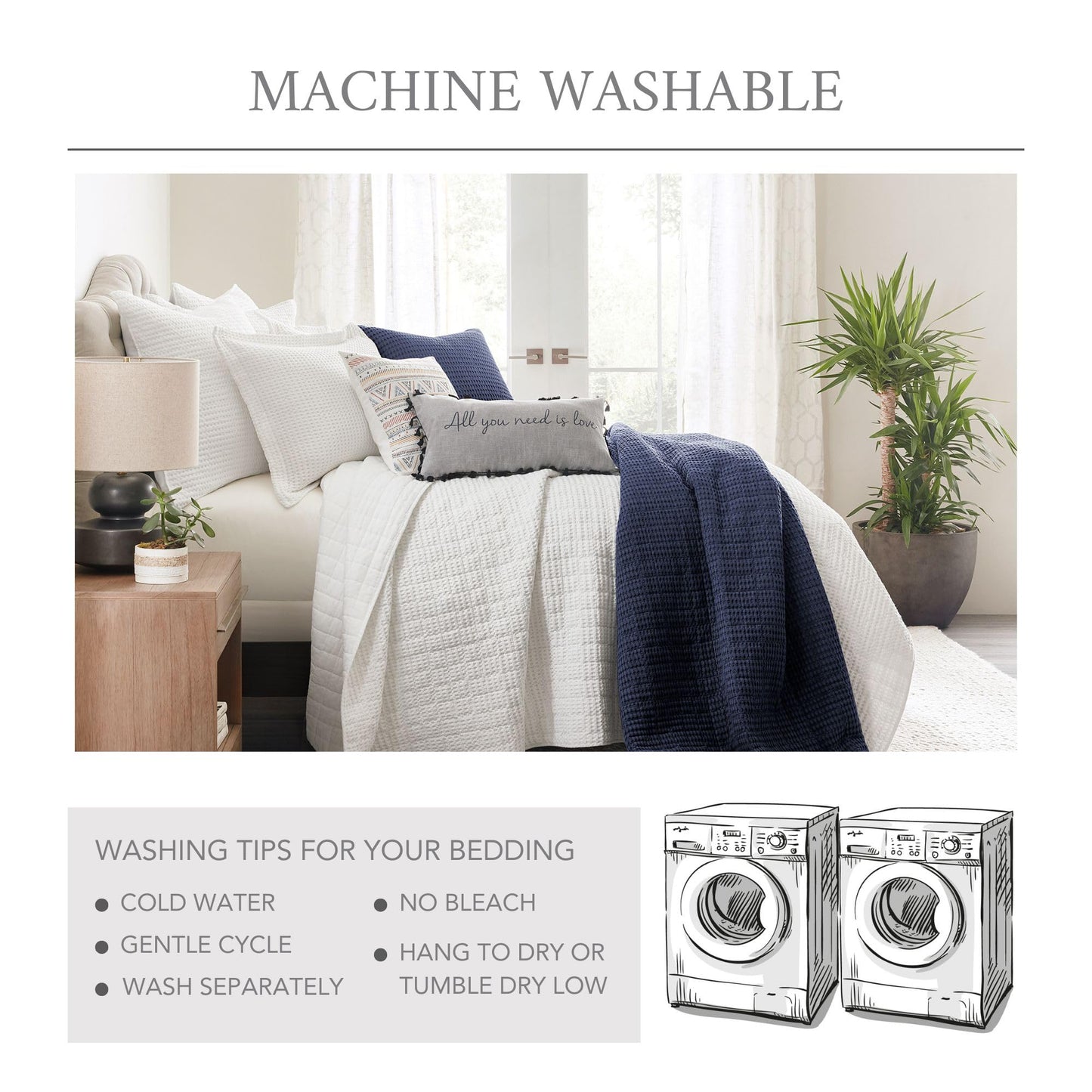 Waffle King/Cal King Quilt Set (106x92in) with 2 Pillow Shams (36x20in)