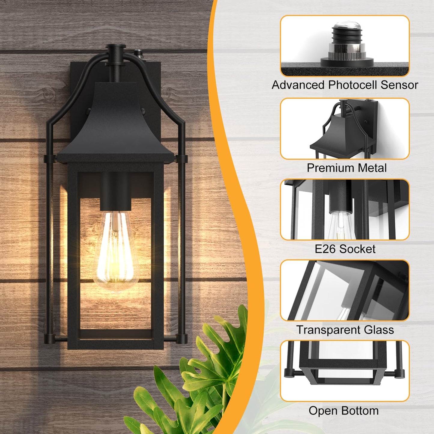 Outdoor Wall Lights Fixtures, Large Size Dusk to Dawn Waterproof Exterior Lanterns, Modern Porch Sconce Wall Mounted with Glass
