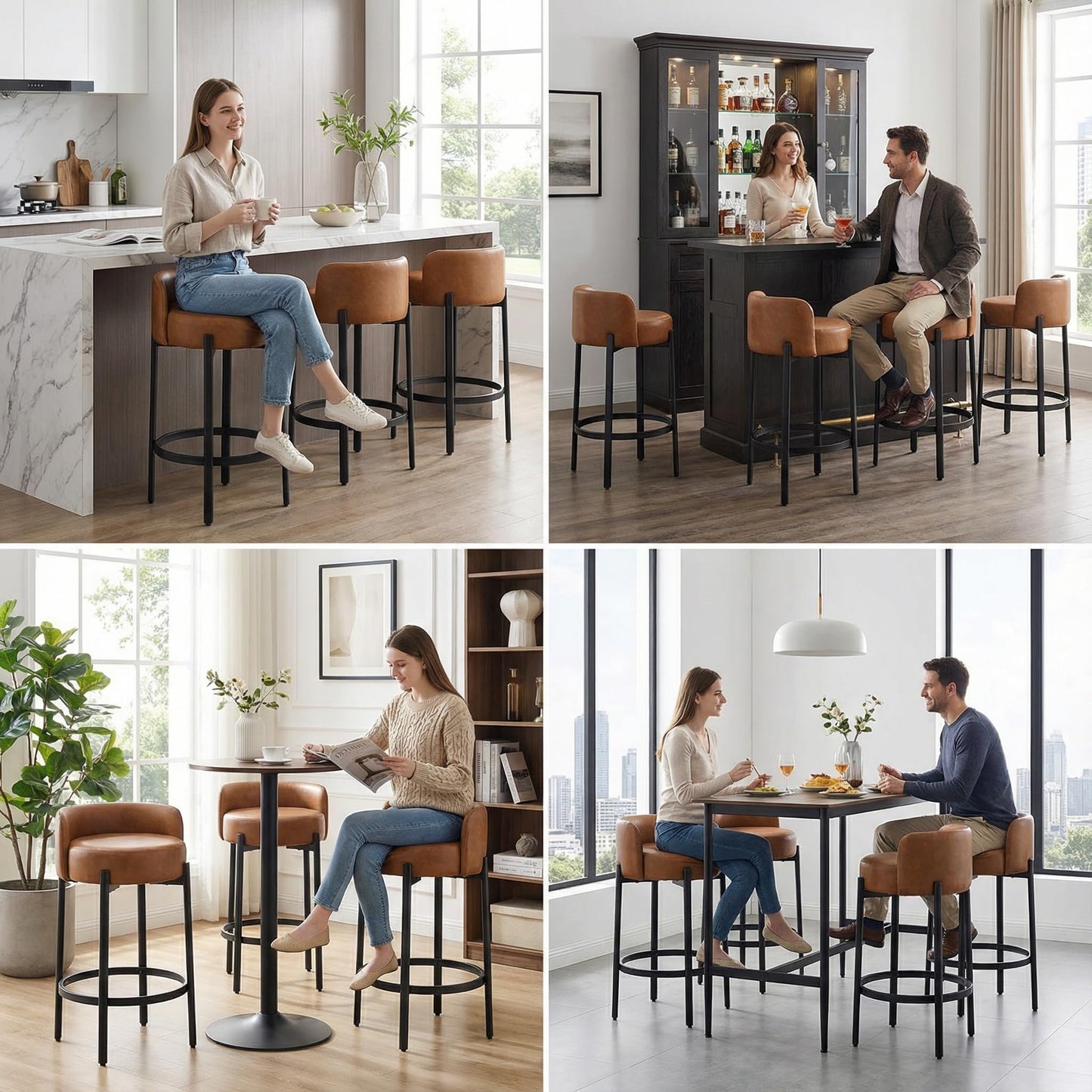 LukeAlon Mid Century Linen Counter Stools Set of 3, Upholstered 26.5" Seat Height Low Barstools with Natural Wood Legs Round Low Back Kitchen Stools with Footrest for Dining Room, Beige