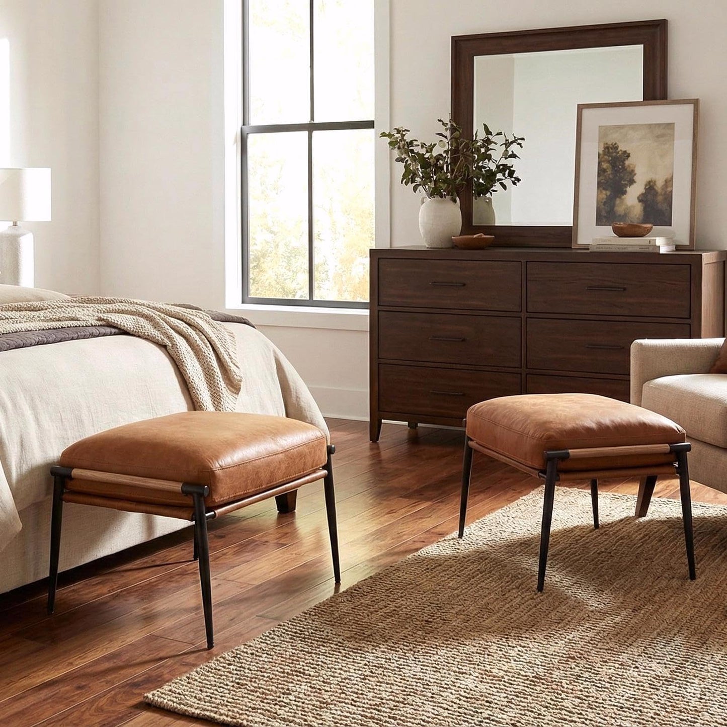 Chenille Upholstered Footstool with Black Legs