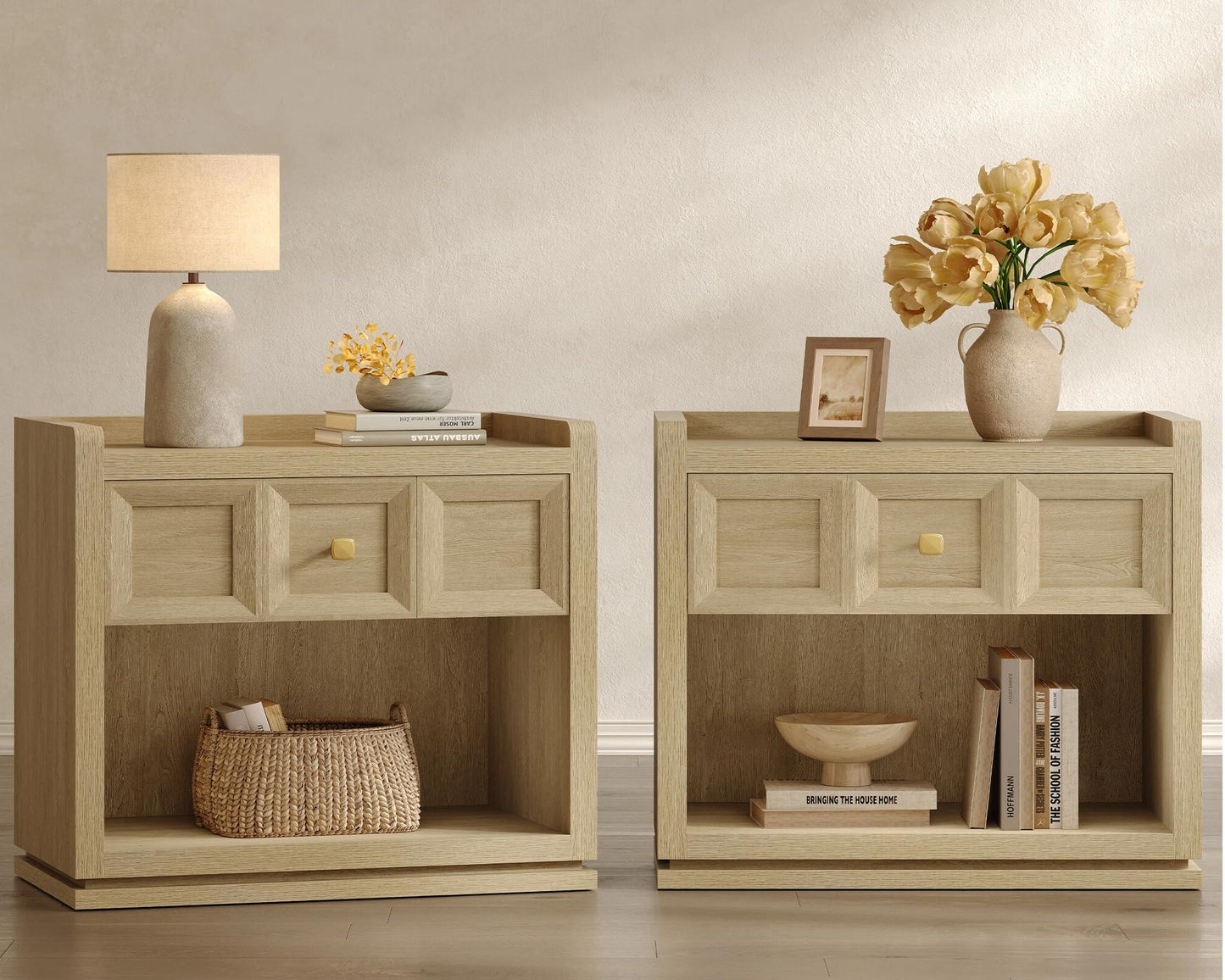 SICOTAS Night Stand Set 2, 26" Wide Nightstands with Drawer, Large Queen Size Nightstands Set of 2, Modern Bedside Table for Bedroom, Side End Table (Brown Oak, 26-Inch)