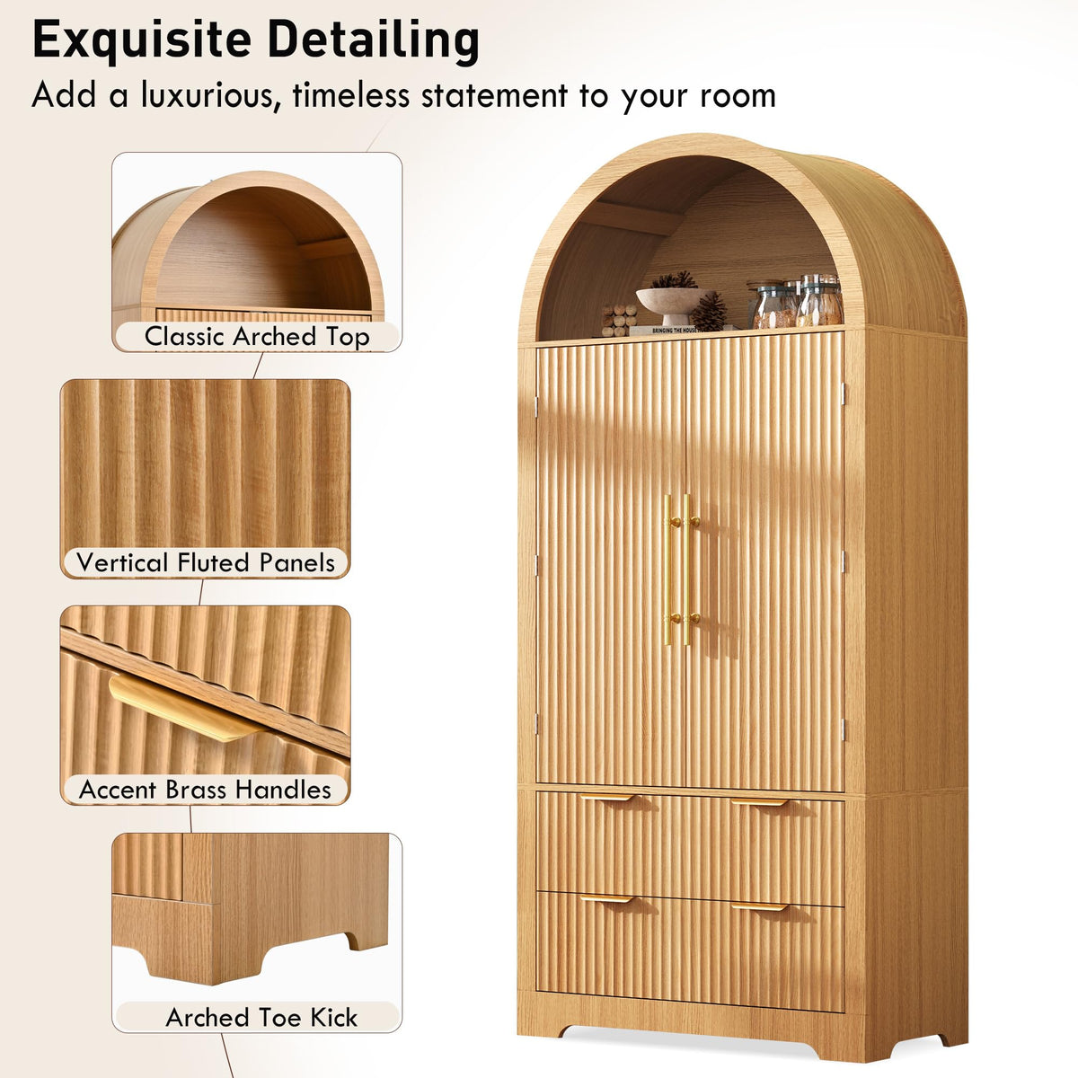 72" Tall Arched Kitchen Pantry Cabinet with 2 Drawers