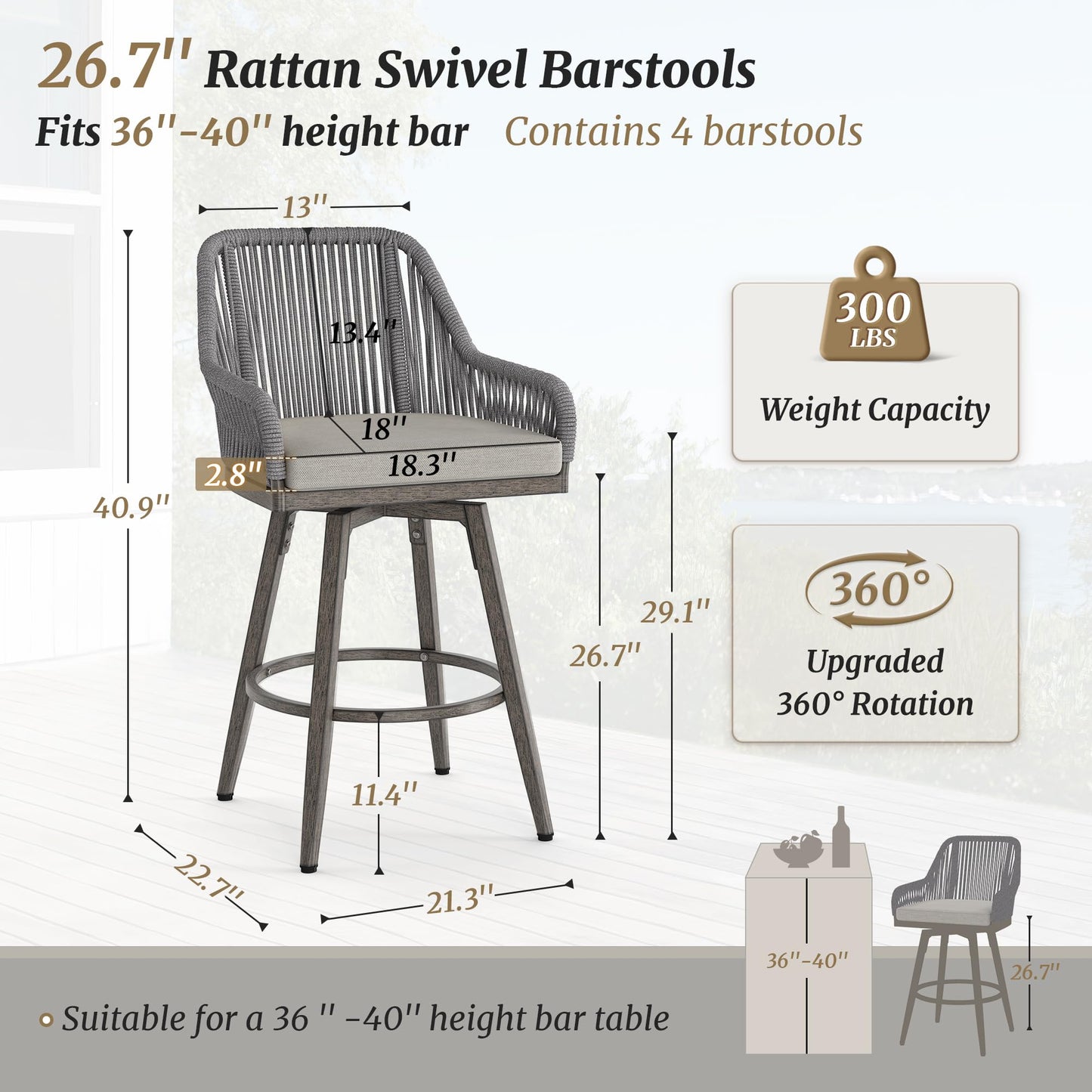 Swivel Outdoor Bar Stools Set of 4, with Armrest