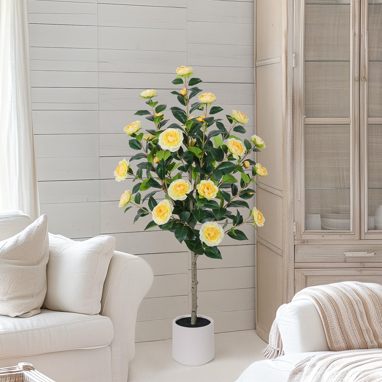 Yepdin 63 inch Artificial Camellia Tree with White Flower Pots - White Fake Tree,5 Ft Faux Plants Indoor wich Blooming,Artificial Plants for Indoor & Outdoor Home Front Door Decor