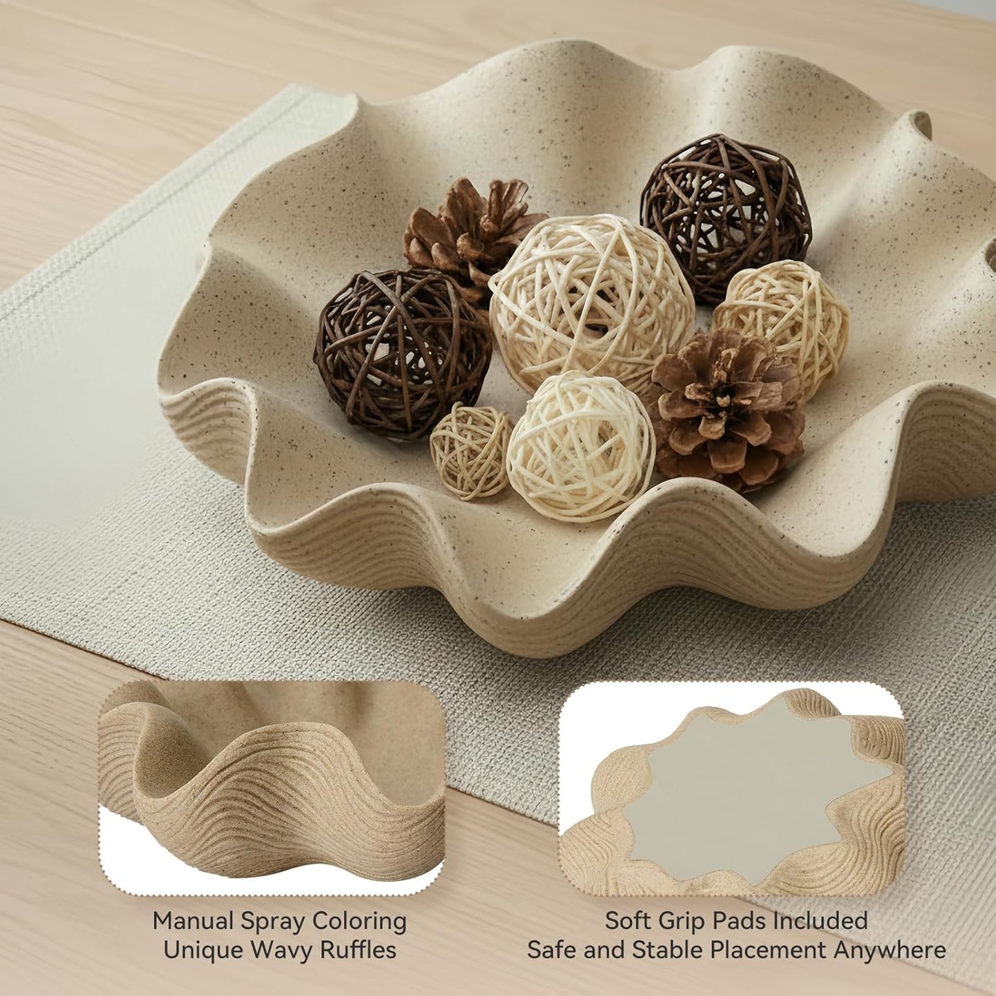 Scalloped Decorative Bowl Home Decor - 12.6" Modern Handicraft Large Shell Ruffle Decorative Fruit Bowl for Kitchen Counter, Chic Key Tray for Entryway Table, Artificial Stone Beige