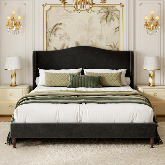 King Size Upholstered Platform Bed Frame, Vintage Solid Wood Legs, Black