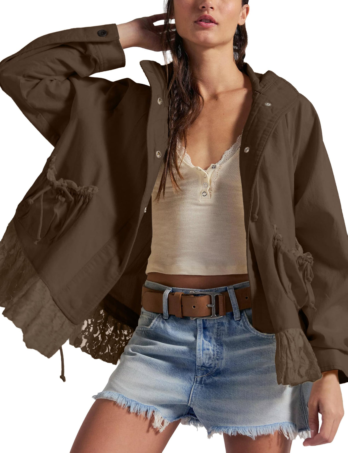 Womens Lace Trim Utility Jacket Lightweight Funnel Neck Casual Coat