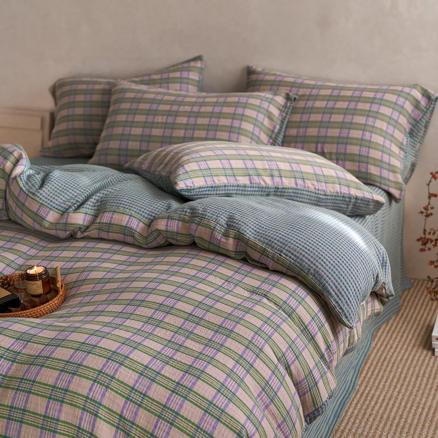 Duvet Cover Set - Brown Plaid Gingham Comforter Cover with Zipper Closure
