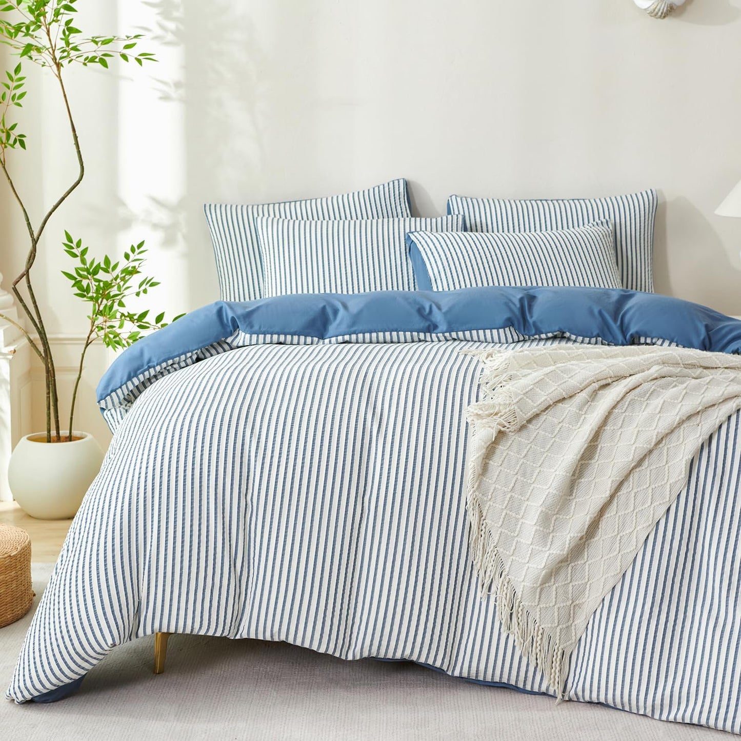 Striped Duvet Cover Queen Beige Washed Microfiber Jacquard 3 Pieces Bedding Set, White Beige Vertical Ticking Stripes Pattern Comforter Cover with Zipper Closure Breathable Durable Soft Comfy