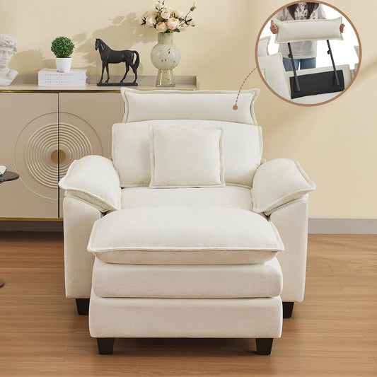 Cloud Oversized Sofa Chair with Detachable Headrest, Upholstered Comfy Arm Accent Chair with Ottoman,Modern Chenille Reading Lounge Armchair for Living Room,Bedroom, Beige
