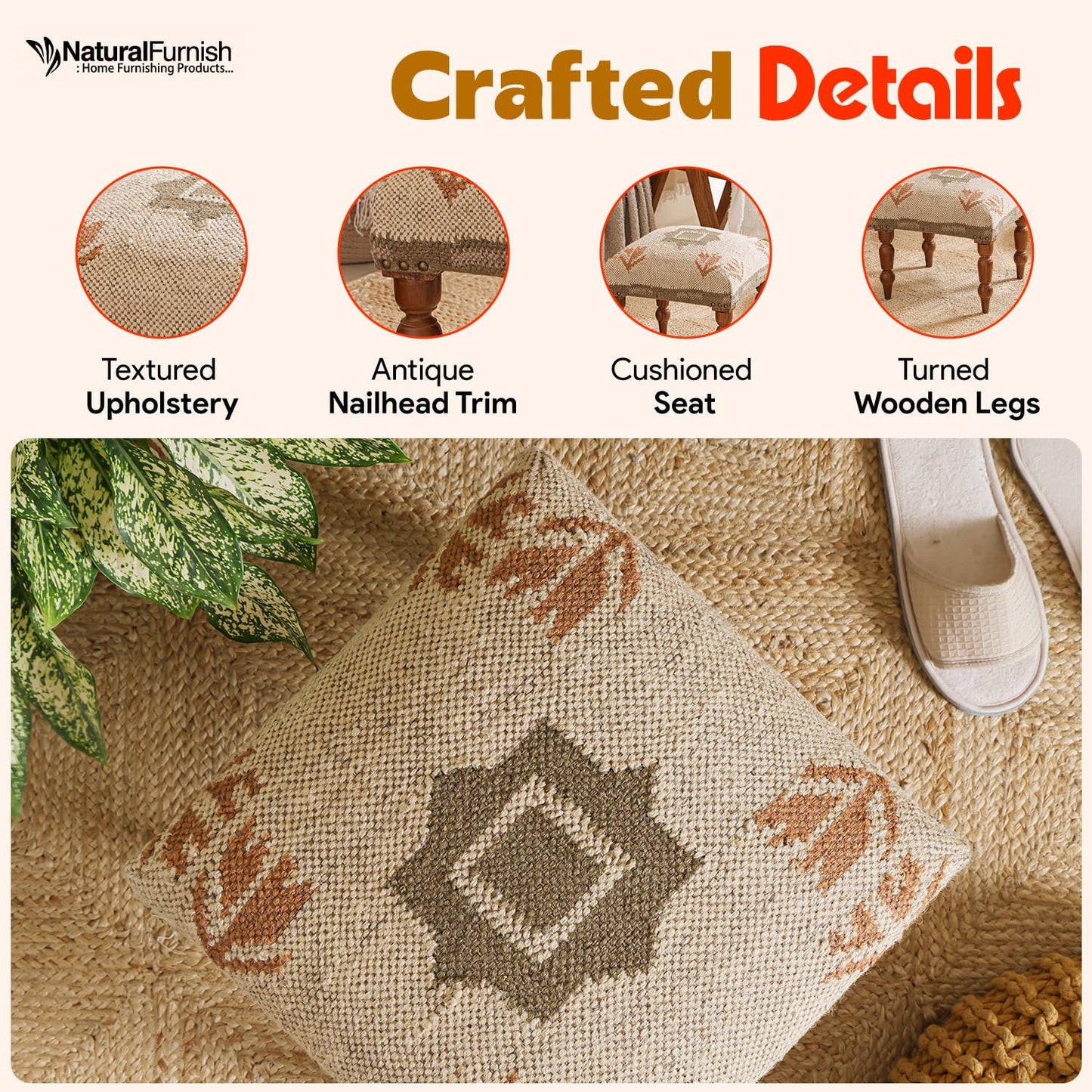 Handmade Jute Ottoman Stool with Wooden Legs