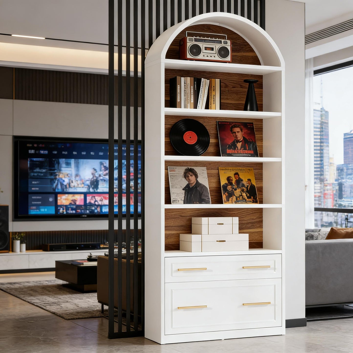 Arched 8 Tier Tall Bookshelf with Wood Back Panel