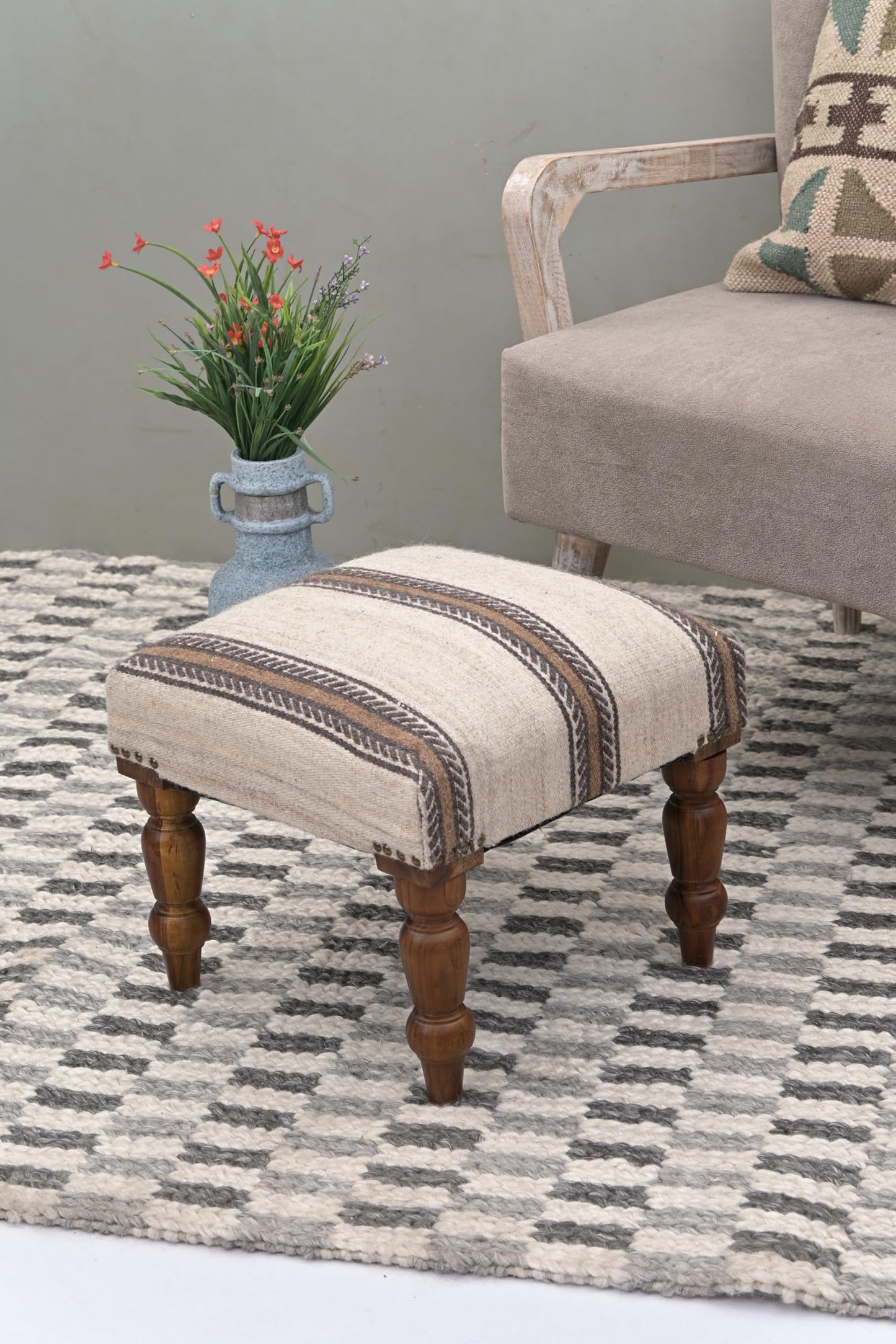 Handmade Jute Ottoman Stool with Wooden Legs