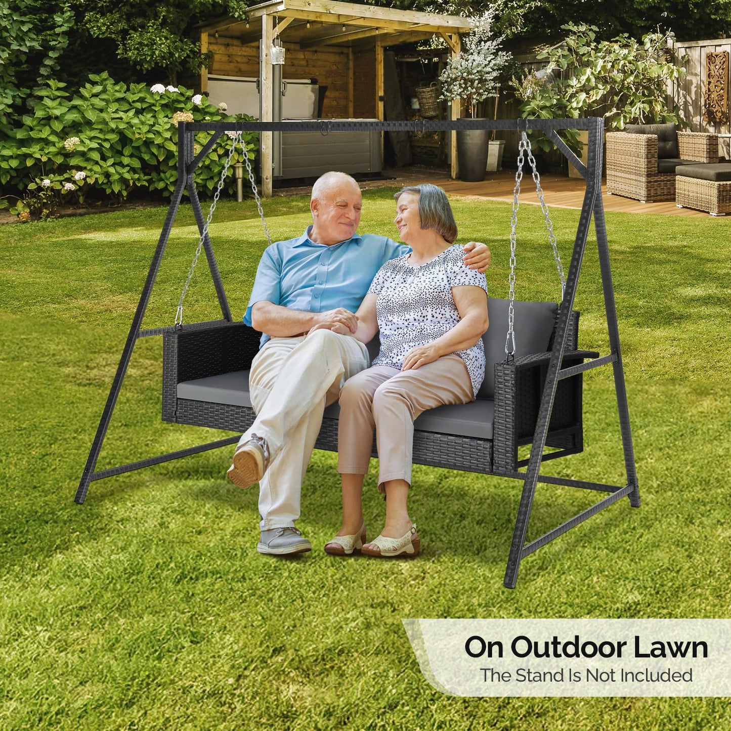 VINGLI 2.4 FT 1-Person Use Round Rattan Porch Swing Outdoor Support 440 LBS with Cushions & Adjustable Chains, Patio Wicker Swing Bench Chair for Garden, Yard, Lawn, Tree, Brown