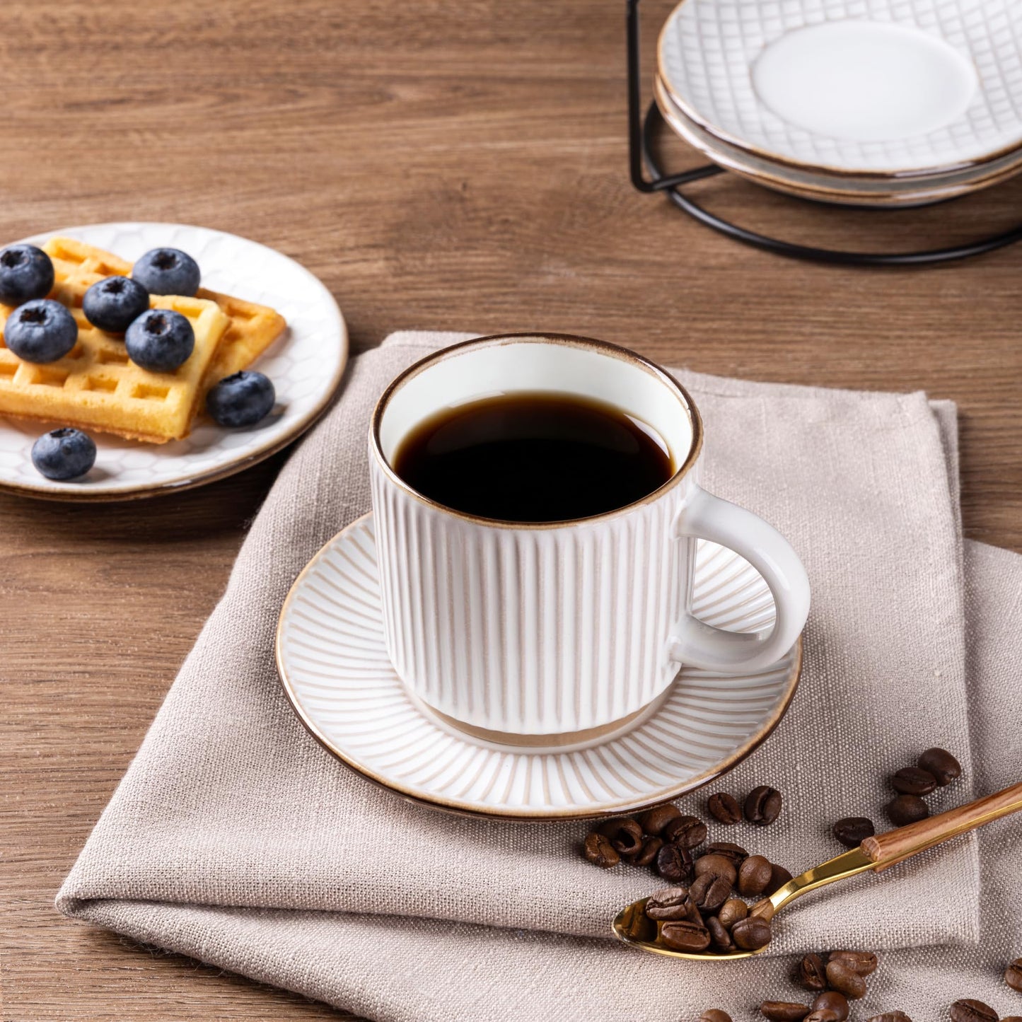 GBhome 12OZ Stackable Coffee Mugs, Ceramic Coffee Mugs with Texture Patterns for Man,Woman,Dad,Mom, Modern Coffee Mugs Set of 4 for Latte/Cappuccino/Cocoa. Dishwasher&Microwave Safe, Pale Khaki