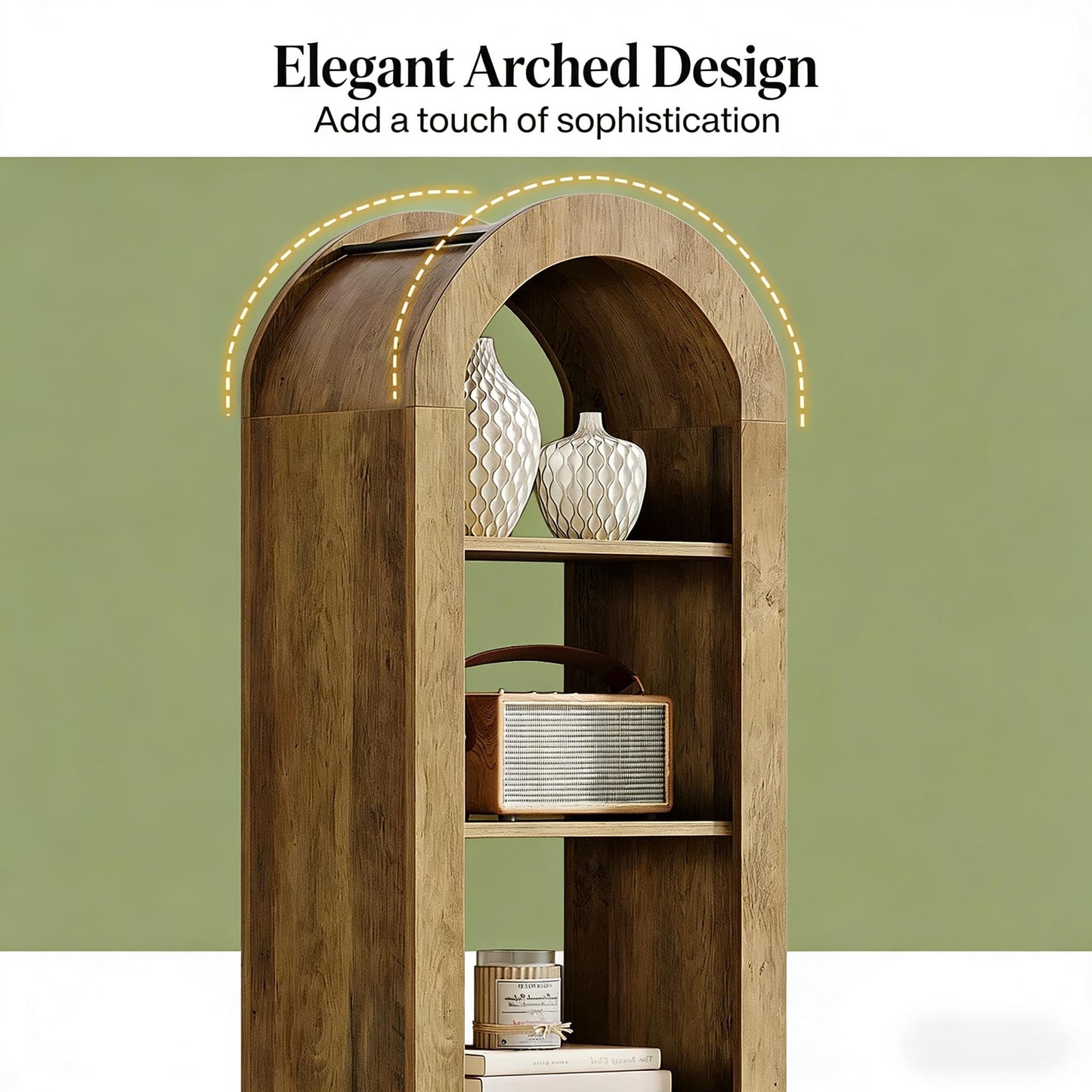 Arched 8 Tier Tall Bookshelf with Wood Back Panel